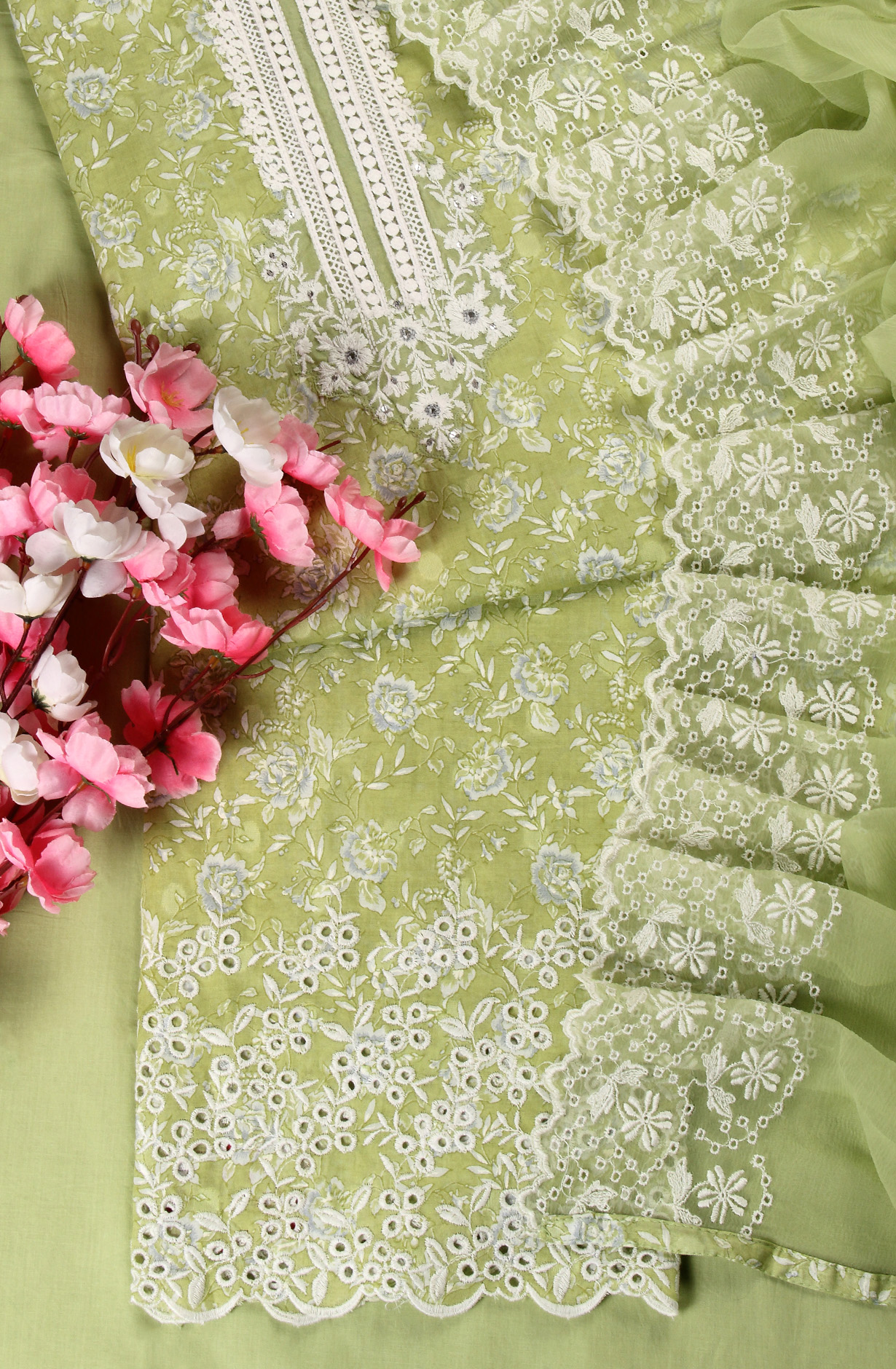 Green Cotton Digital Printed with Embroidery Suit with Chiffon Dupatta - SOCPIM13C