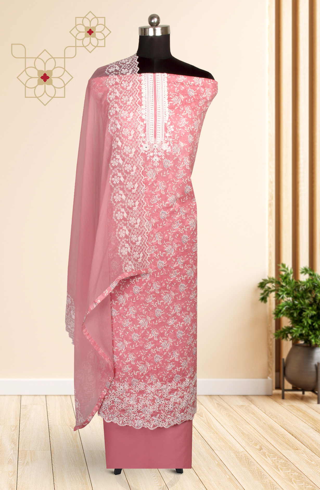 Pink Cotton Digital Printed with Embroidery Suit with Chiffon Dupatta - SOCPIM13D