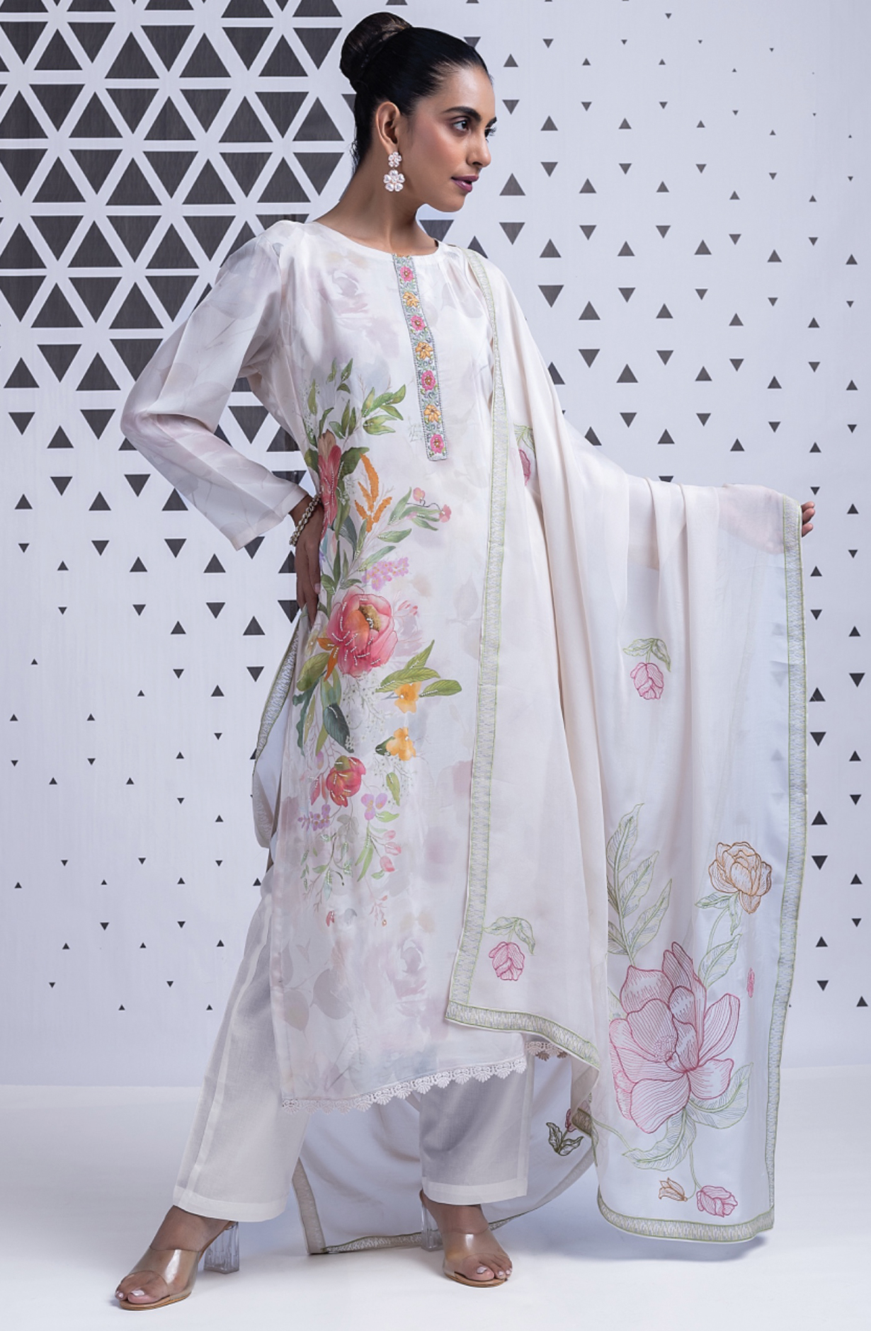 Cream Muslin Suit Set with Organza Dupatta -SOH501A