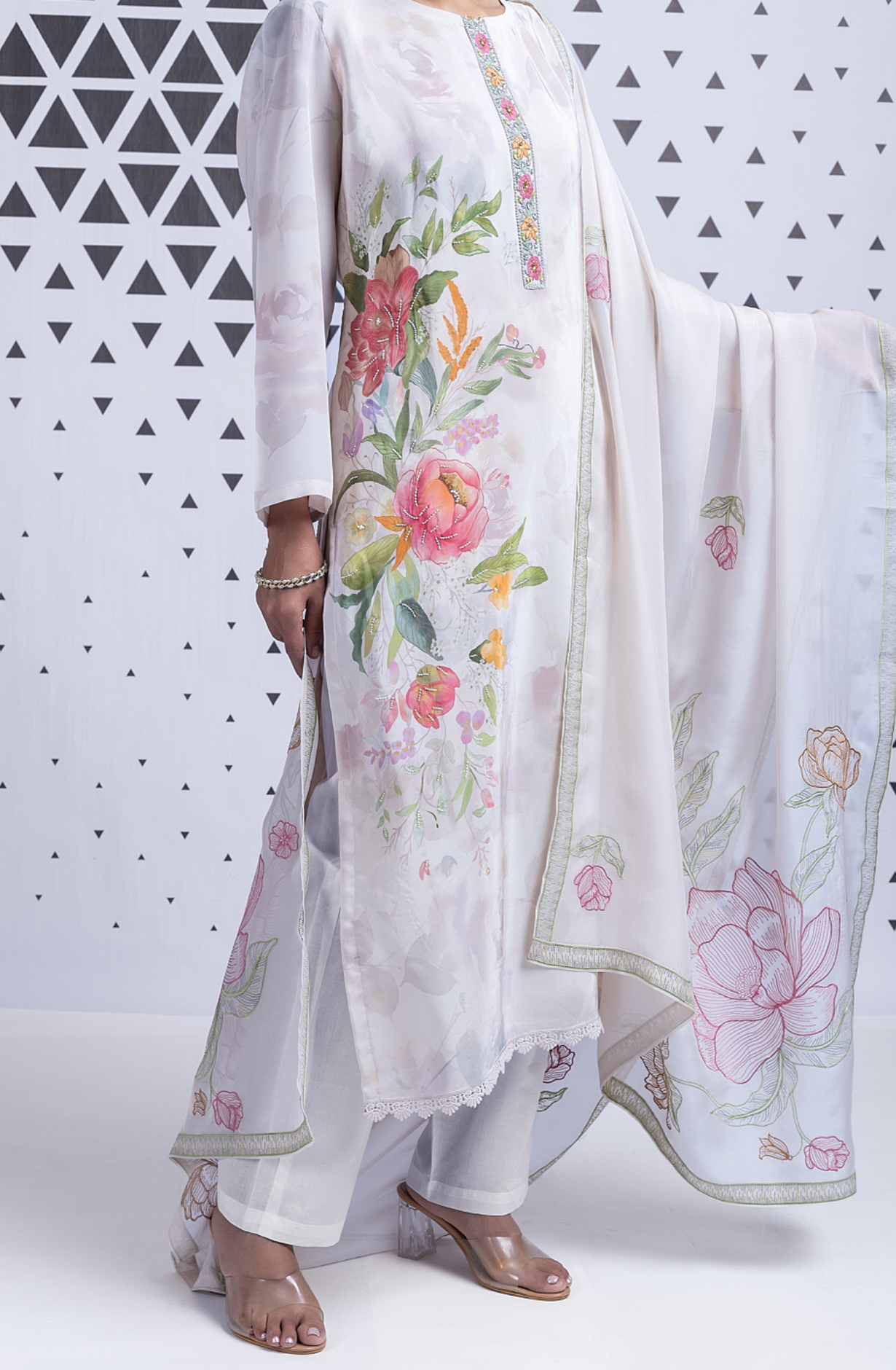 Cream Muslin Suit Set with Organza Dupatta -SOH501A