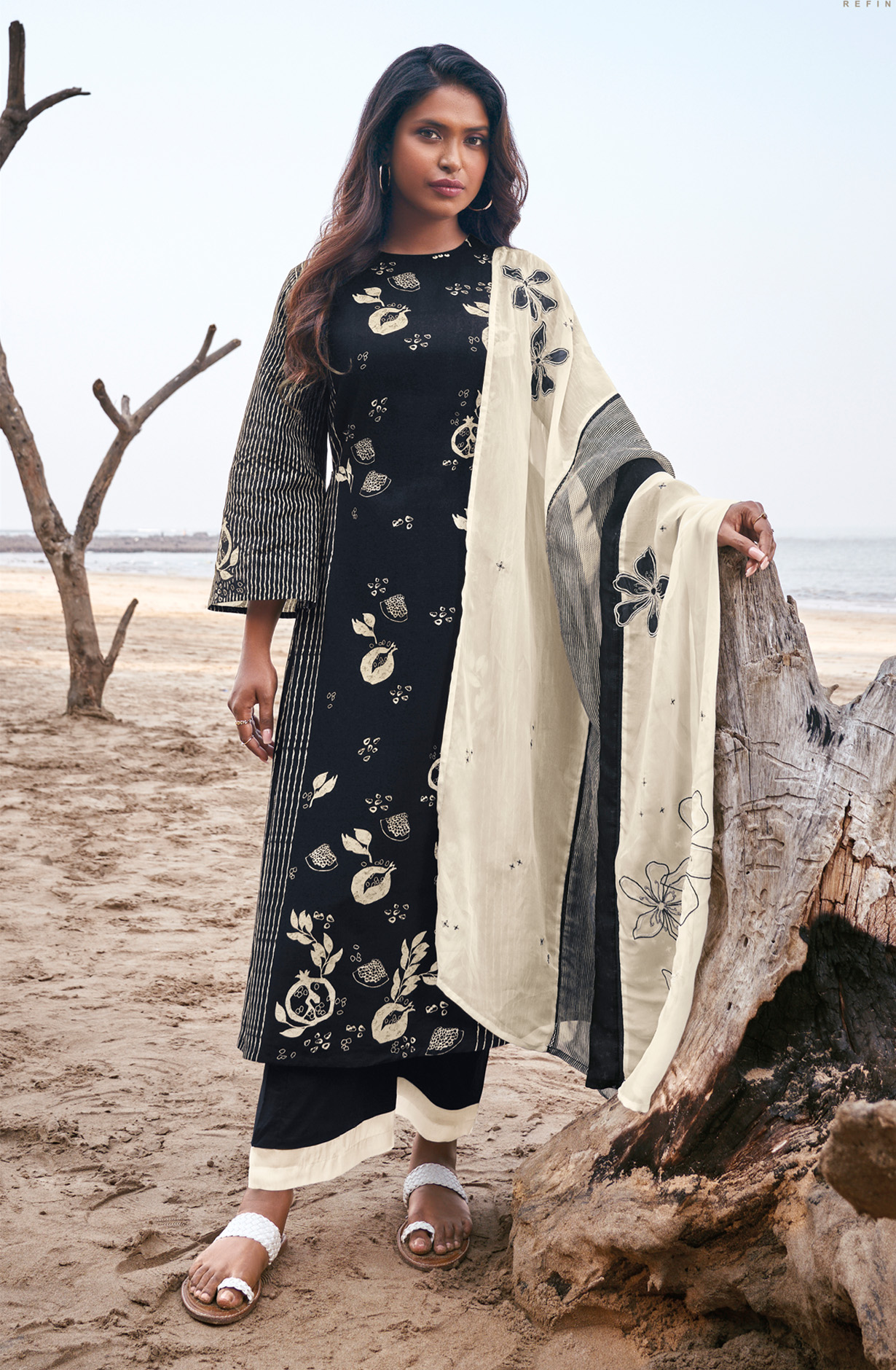 Black Linen Digital Printed Unstitched Salwar Kameez - SOM361