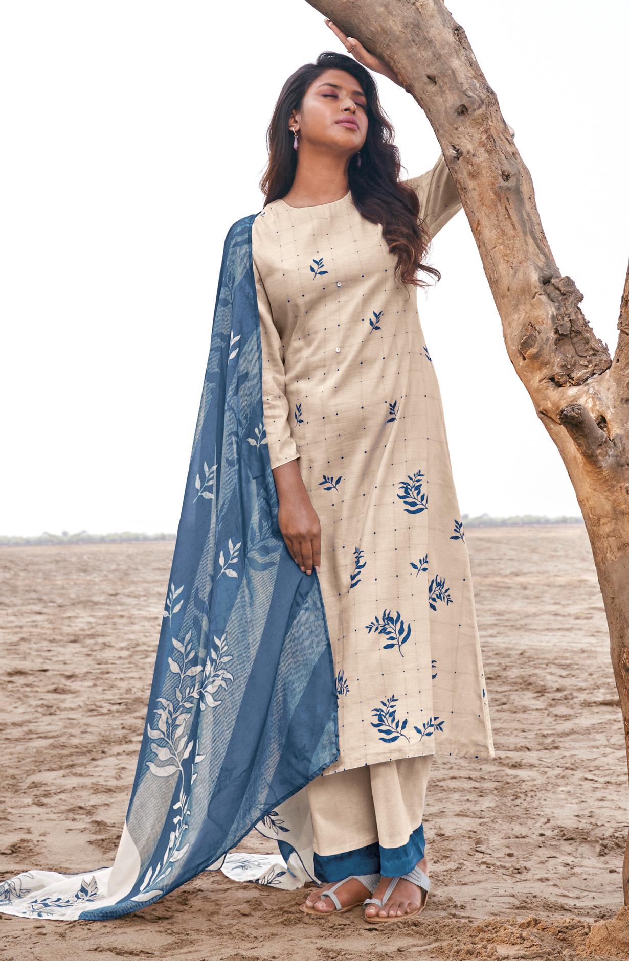 Beige Linen Digital Printed Unstitched Salwar Kameez - SOM364