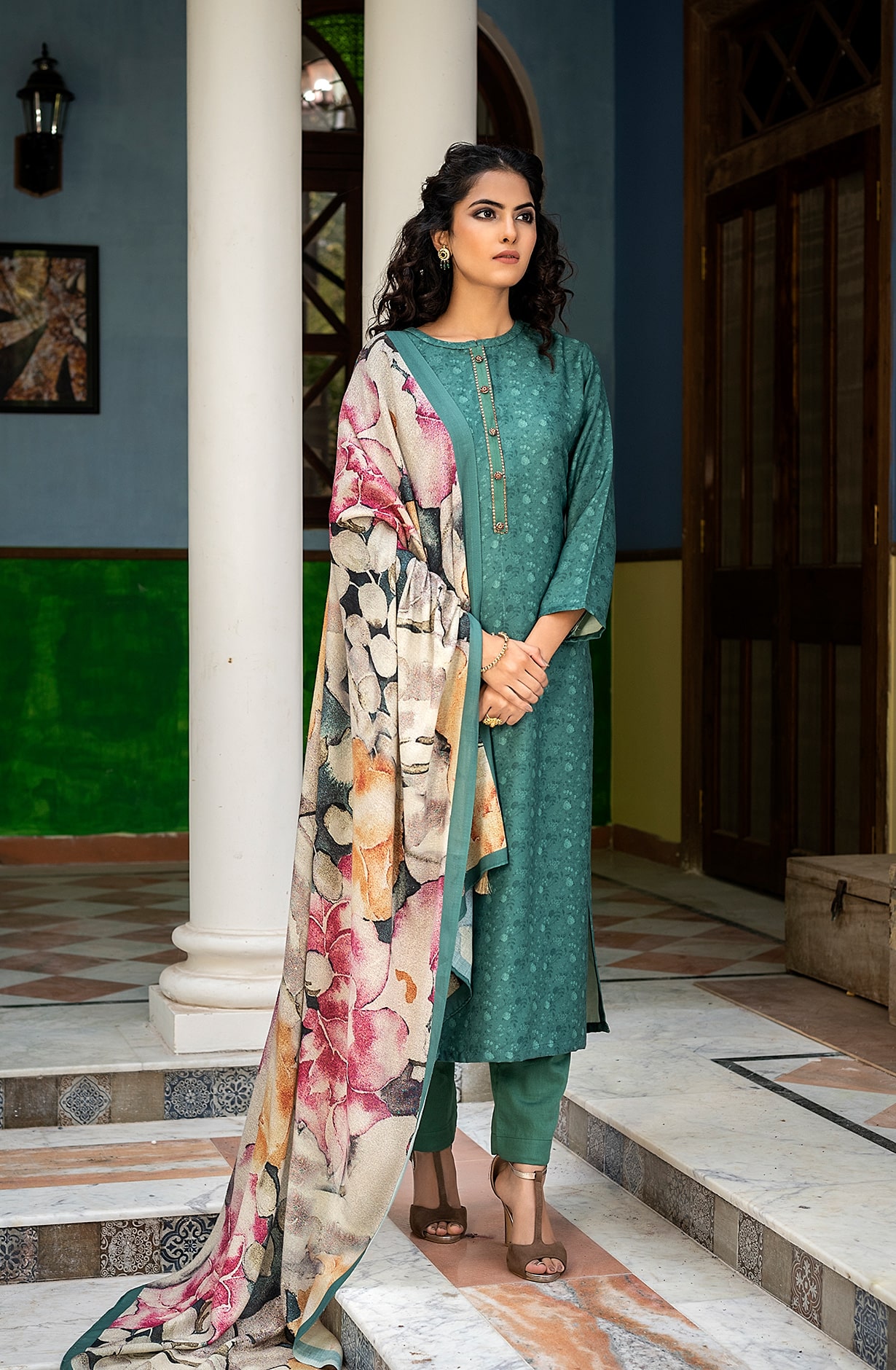 Teal Pashmina Winterwear Unstitched Salwar Kameez - SOZ5678