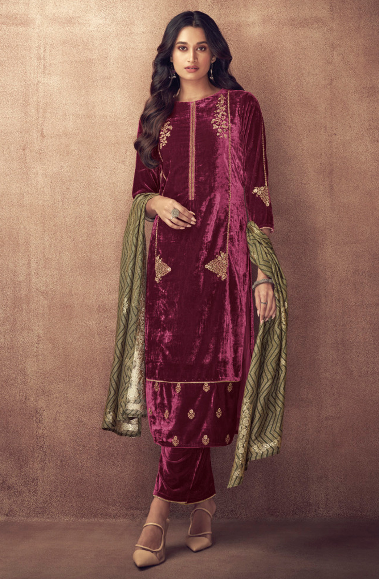 Rose Red Beautiful Pure Velvet Unstitched Salwar Kameez - SPA2681A