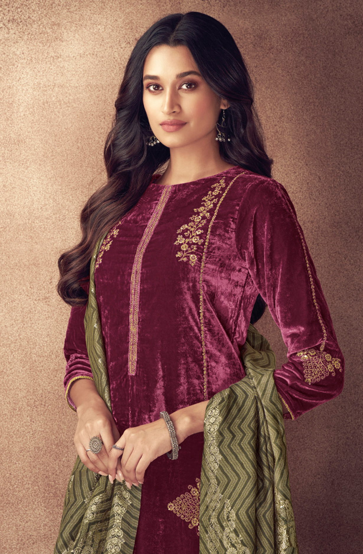 Rose Red Beautiful Pure Velvet Unstitched Salwar Kameez - SPA2681A