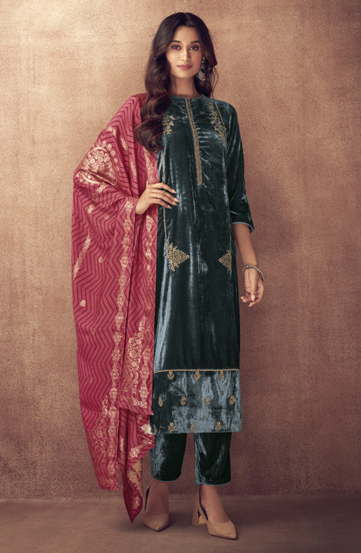 Teal Beautiful Pure Velvet Unstitched Salwar Kameez - SPA2681B