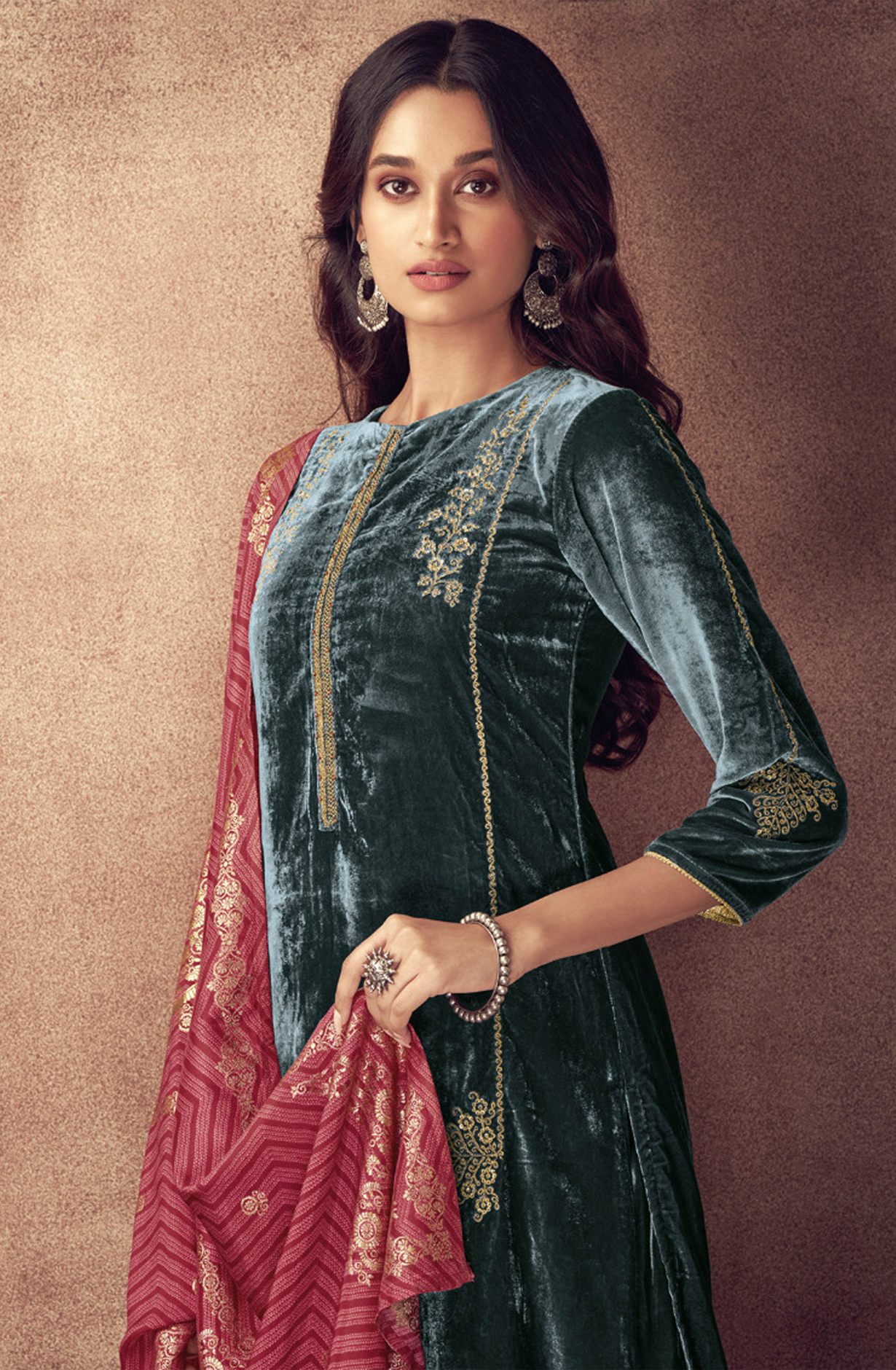 Teal Beautiful Pure Velvet Unstitched Salwar Kameez - SPA2681B