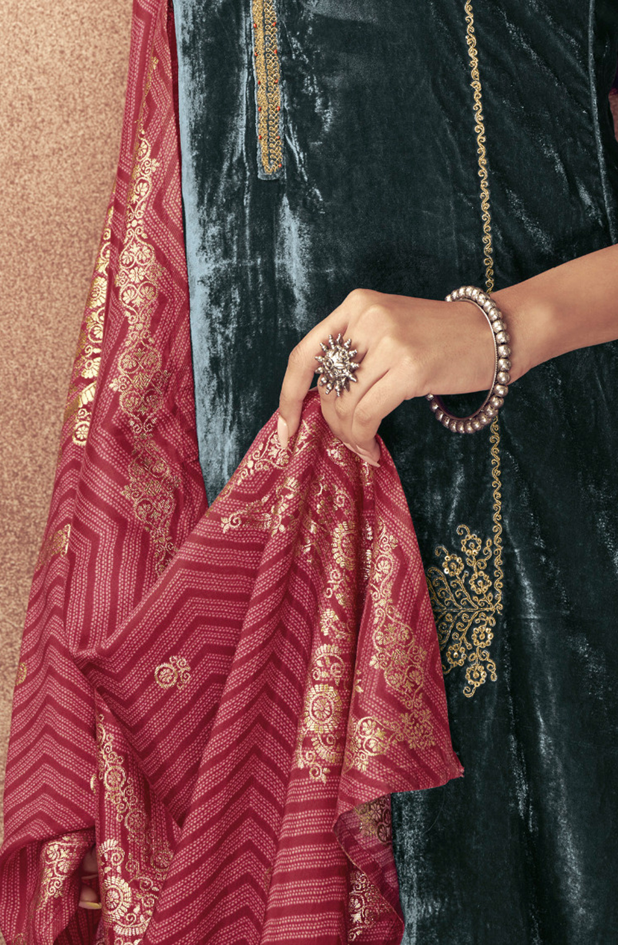 Teal Beautiful Pure Velvet Unstitched Salwar Kameez - SPA2681B