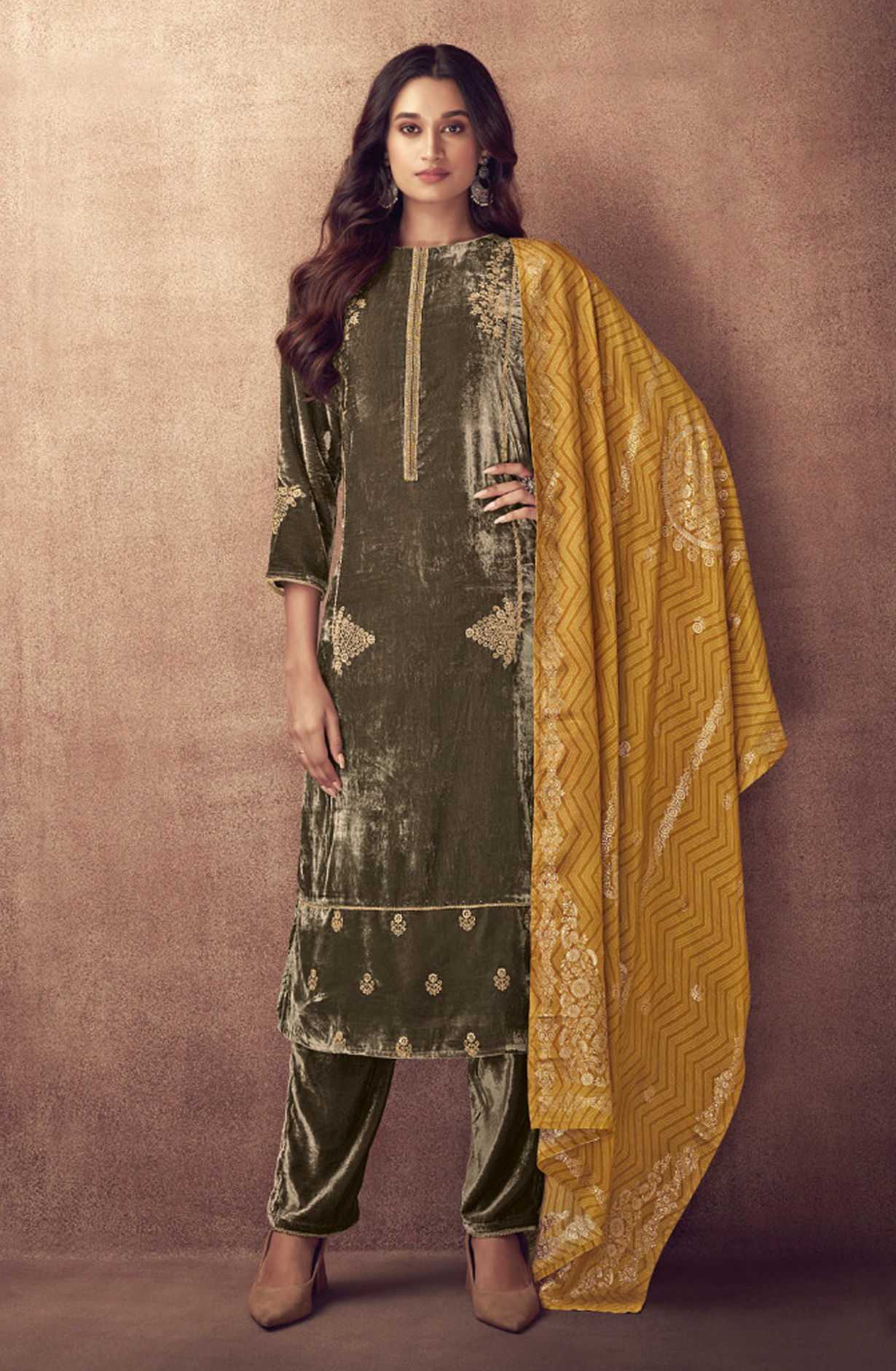 Beige Beautiful Pure Velvet Unstitched Salwar Kameez - SPA2681C