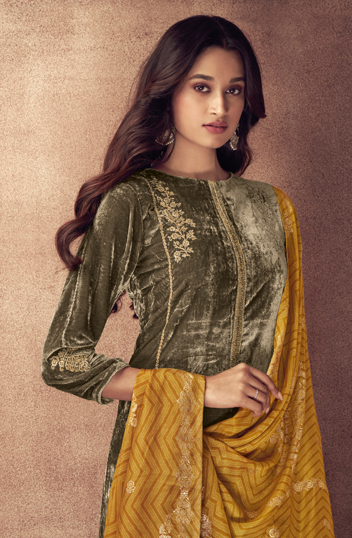 Beige Beautiful Pure Velvet Unstitched Salwar Kameez - SPA2681C