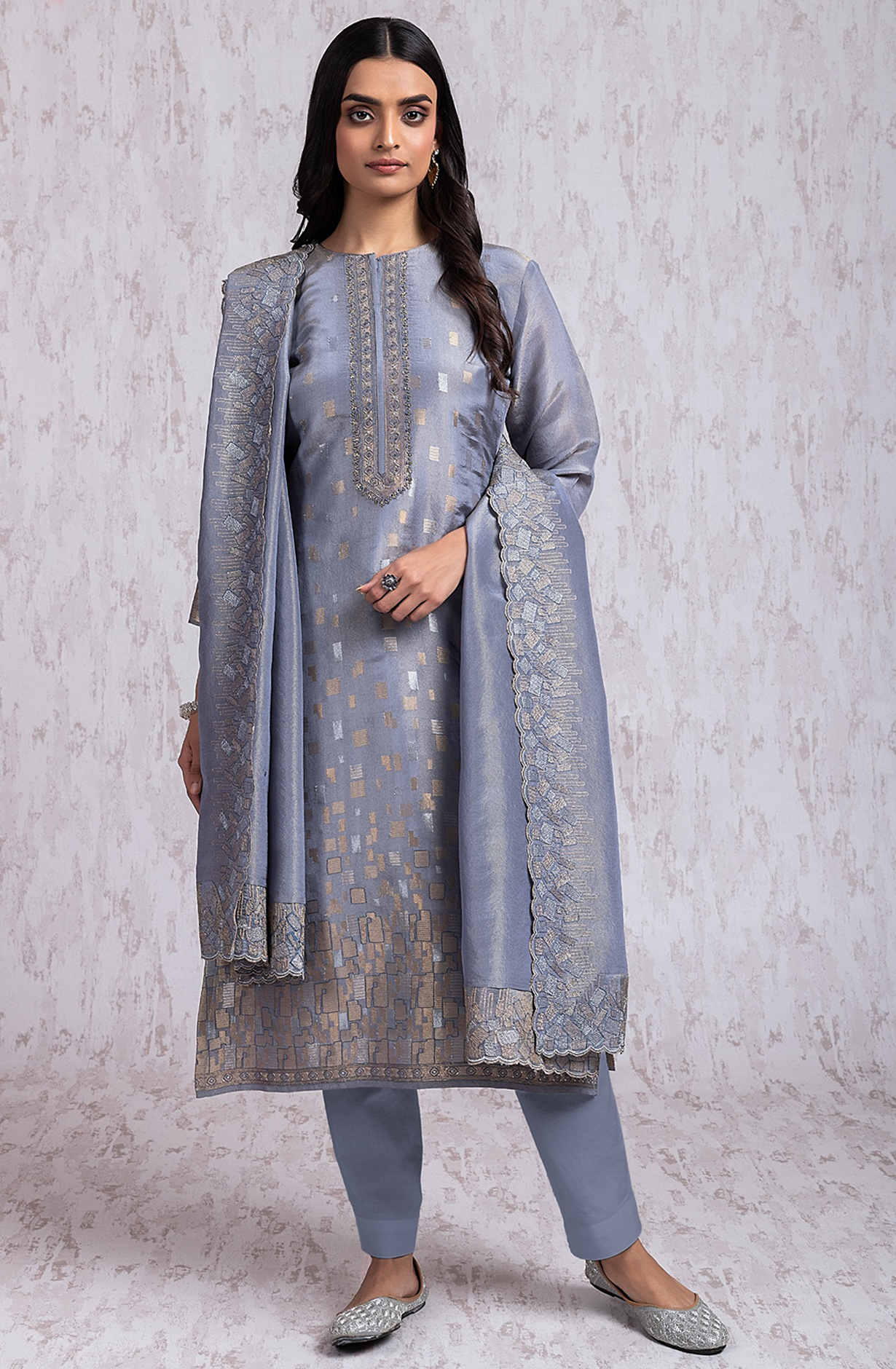Grey Tissue Silk Jacquard shirt with Embroidery- R157-SPR2029A