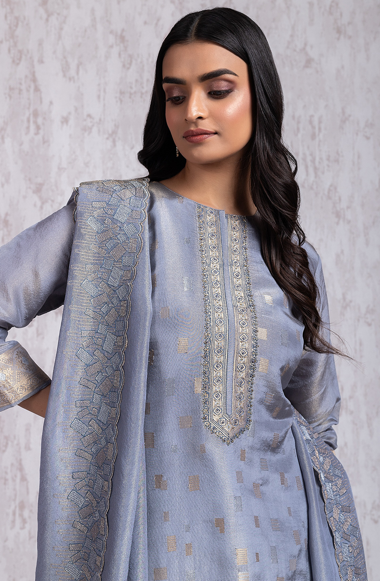 Grey Tissue Silk Jacquard shirt with Embroidery- R157-SPR2029A