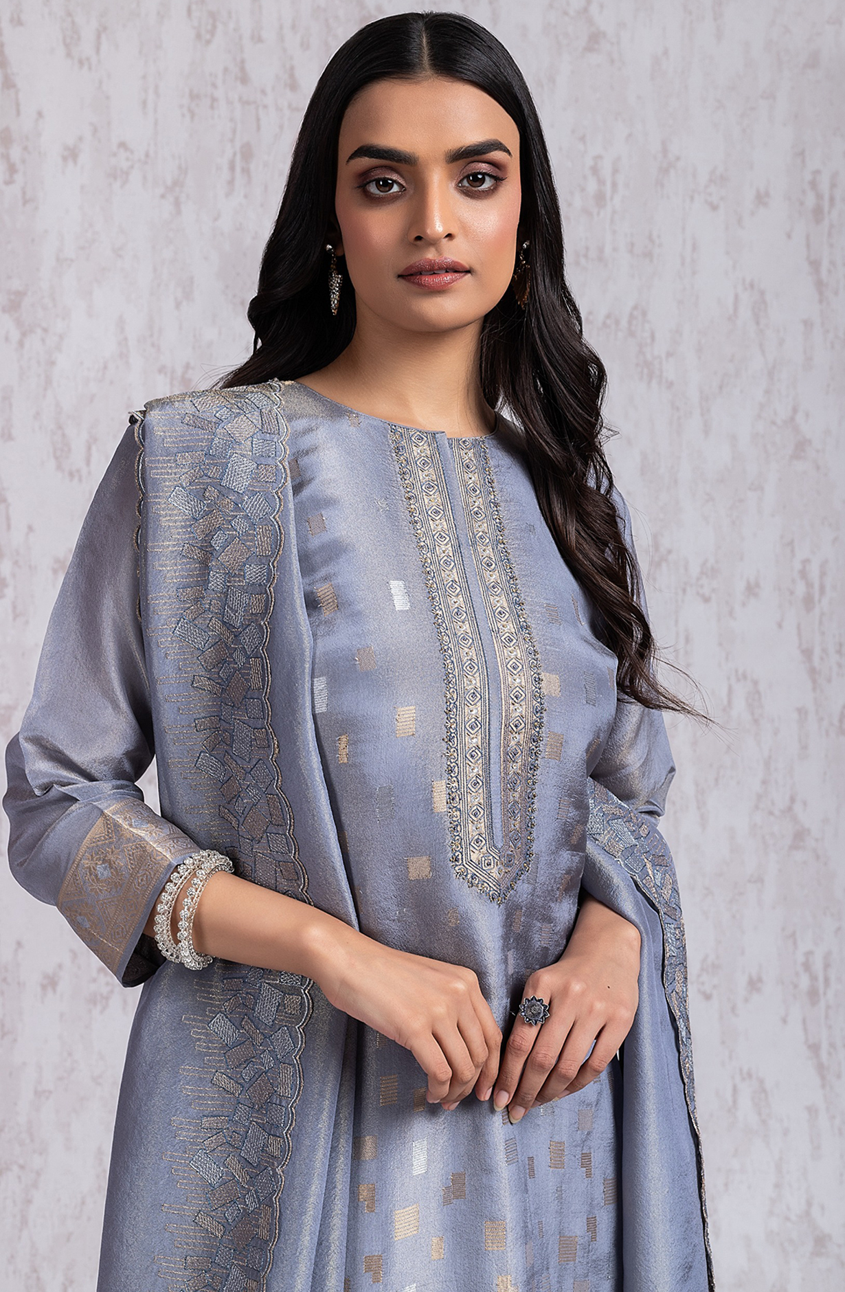 Grey Tissue Silk Jacquard shirt with Embroidery- R157-SPR2029A