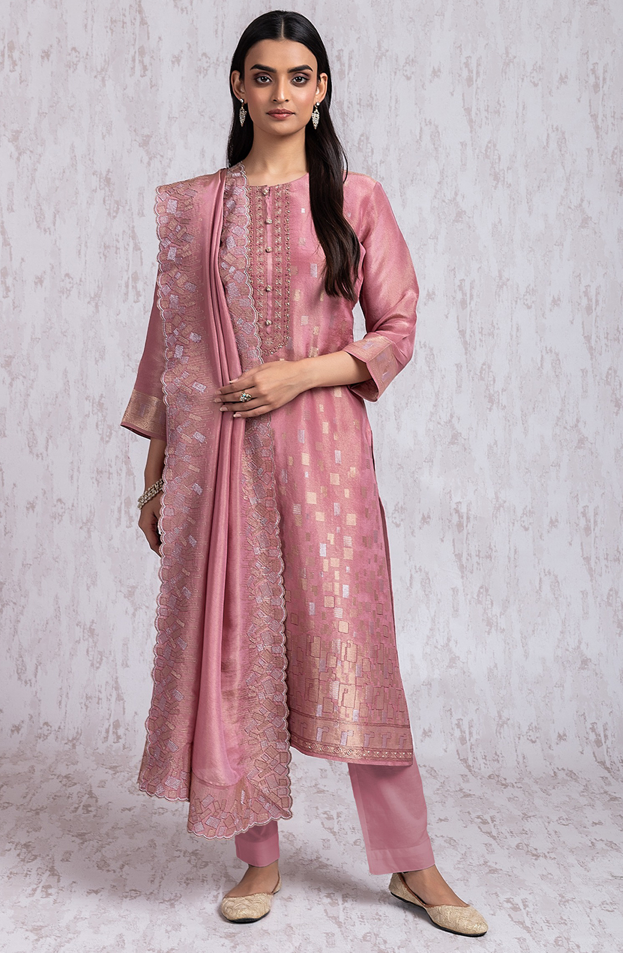 Pink Tissue Silk Jacquard shirt with Embroidery- R157-SPR2029B