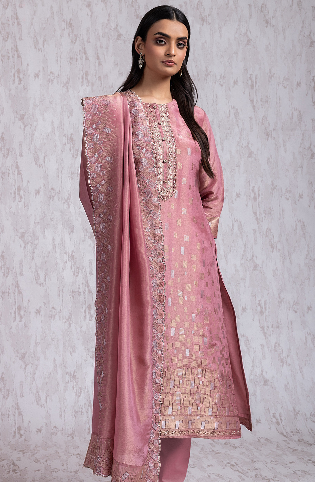 Pink Tissue Silk Jacquard shirt with Embroidery- R157-SPR2029B