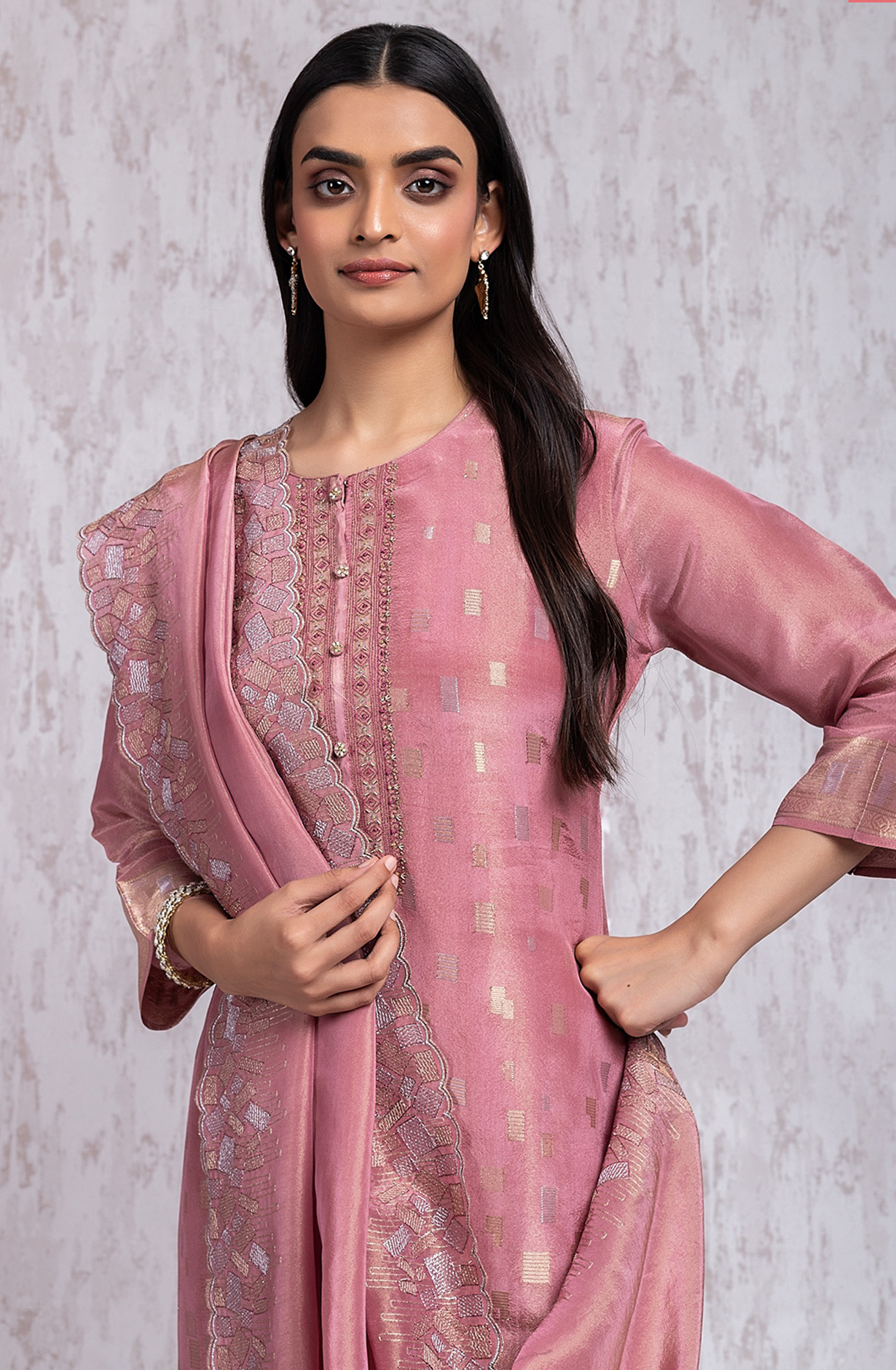 Pink Tissue Silk Jacquard shirt with Embroidery- R157-SPR2029B