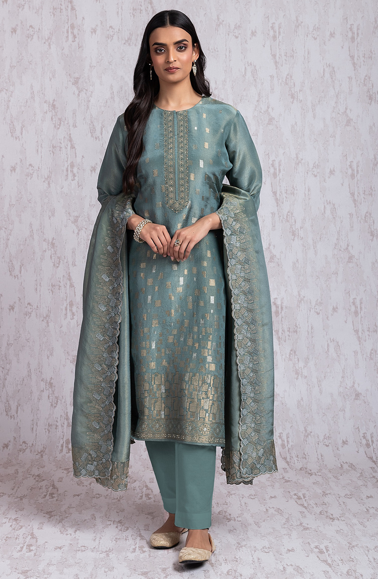 Green Tissue Silk Jacquard shirt with Embroidery- R157-SPR2029B