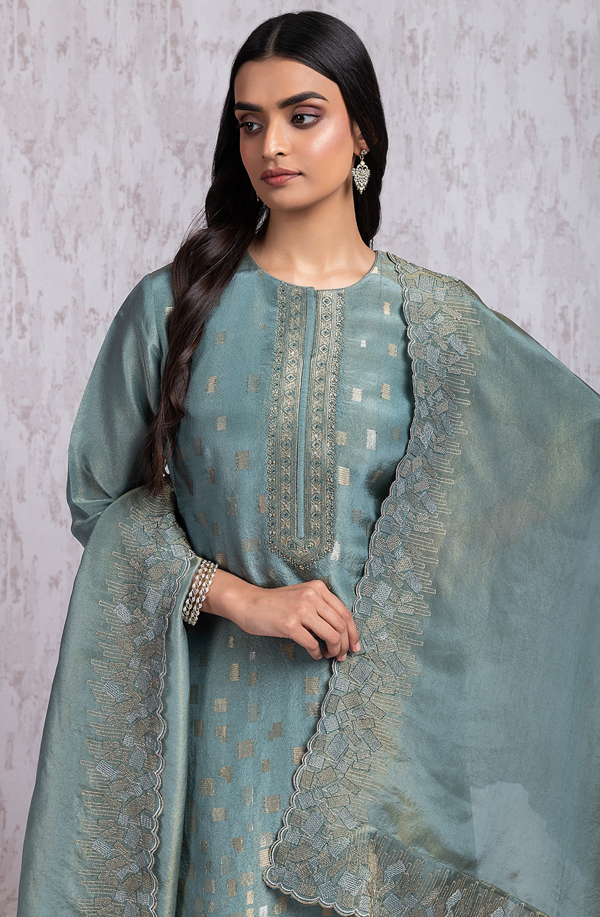Green Tissue Silk Jacquard shirt with Embroidery- R157-SPR2029B