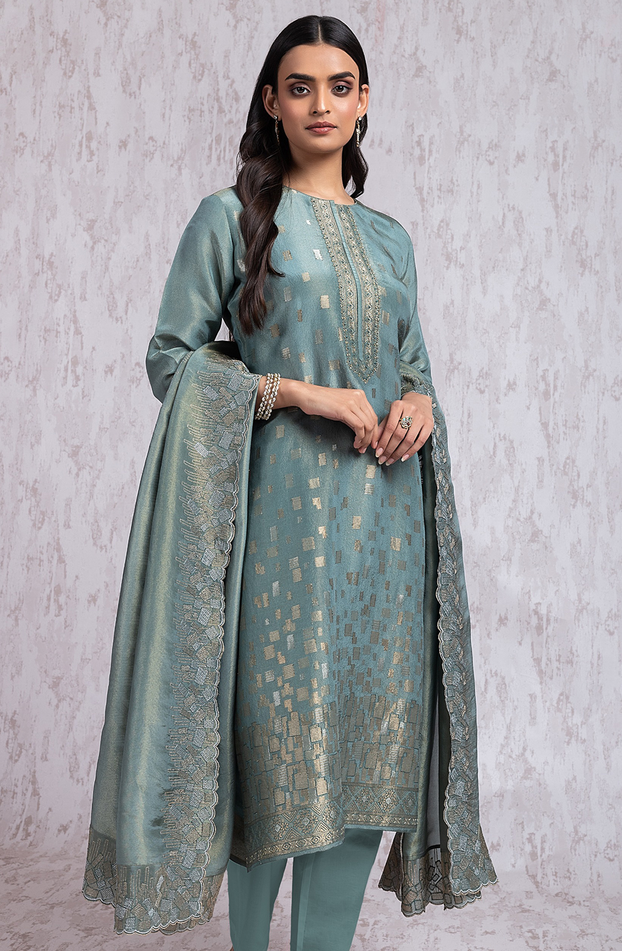 Green Tissue Silk Jacquard shirt with Embroidery- R157-SPR2029B