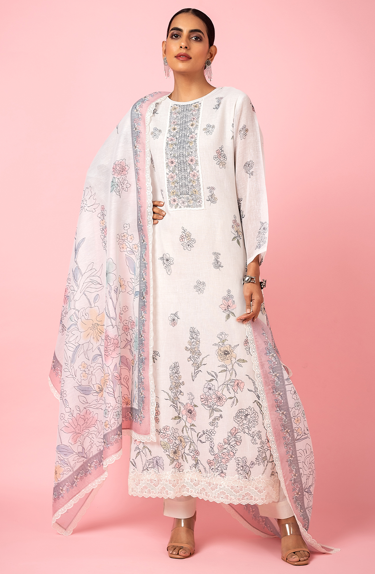 Off-white Linen Digital Printed Unstitched Salwar Kameez - SPR2177