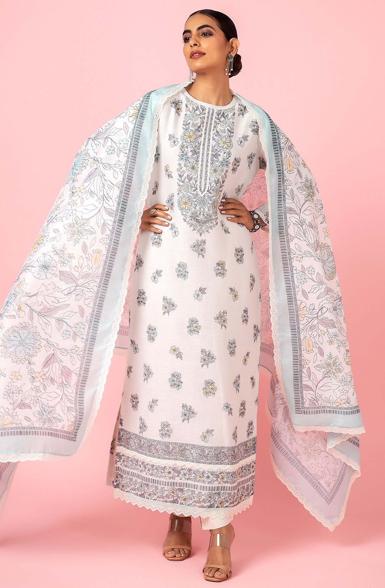 Off-white Linen Digital Printed Unstitched Salwar Suit-set - SPR2179