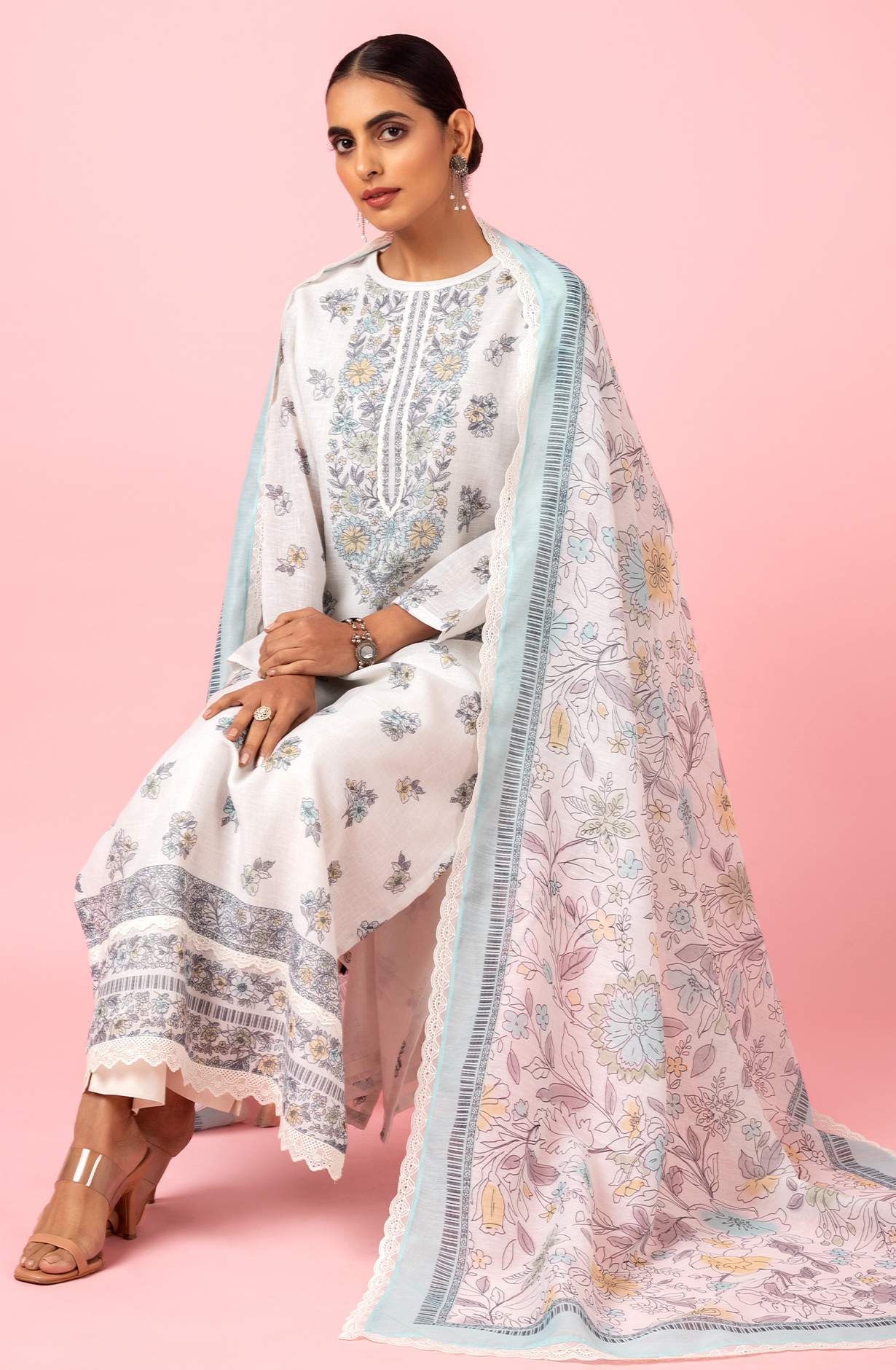 Off-white Linen Digital Printed Unstitched Salwar Suit-set - SPR2179