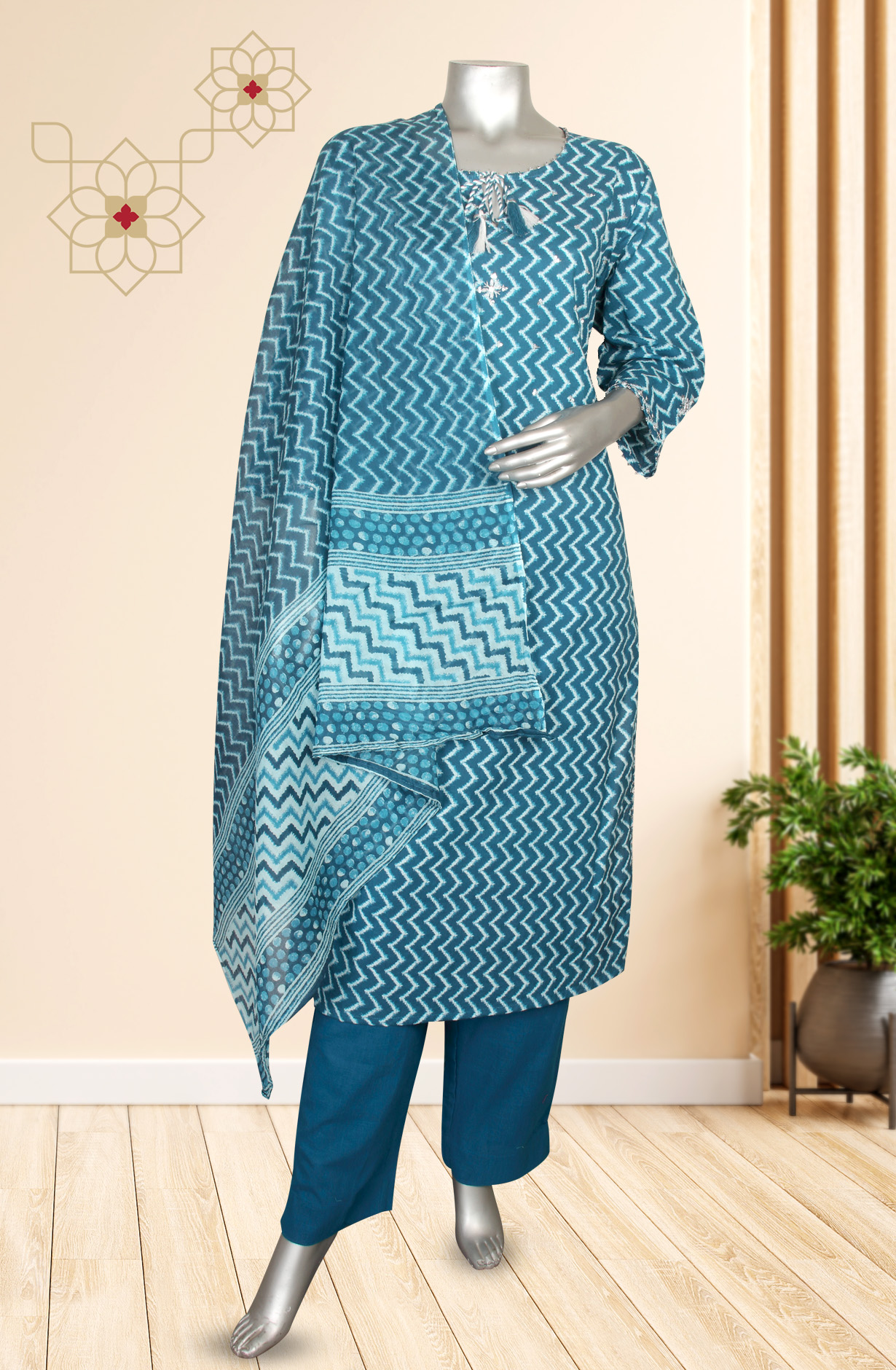 Ready-to-Wear Teal Cotton Kurti Pant Set with Dupatta - SRMR79060A