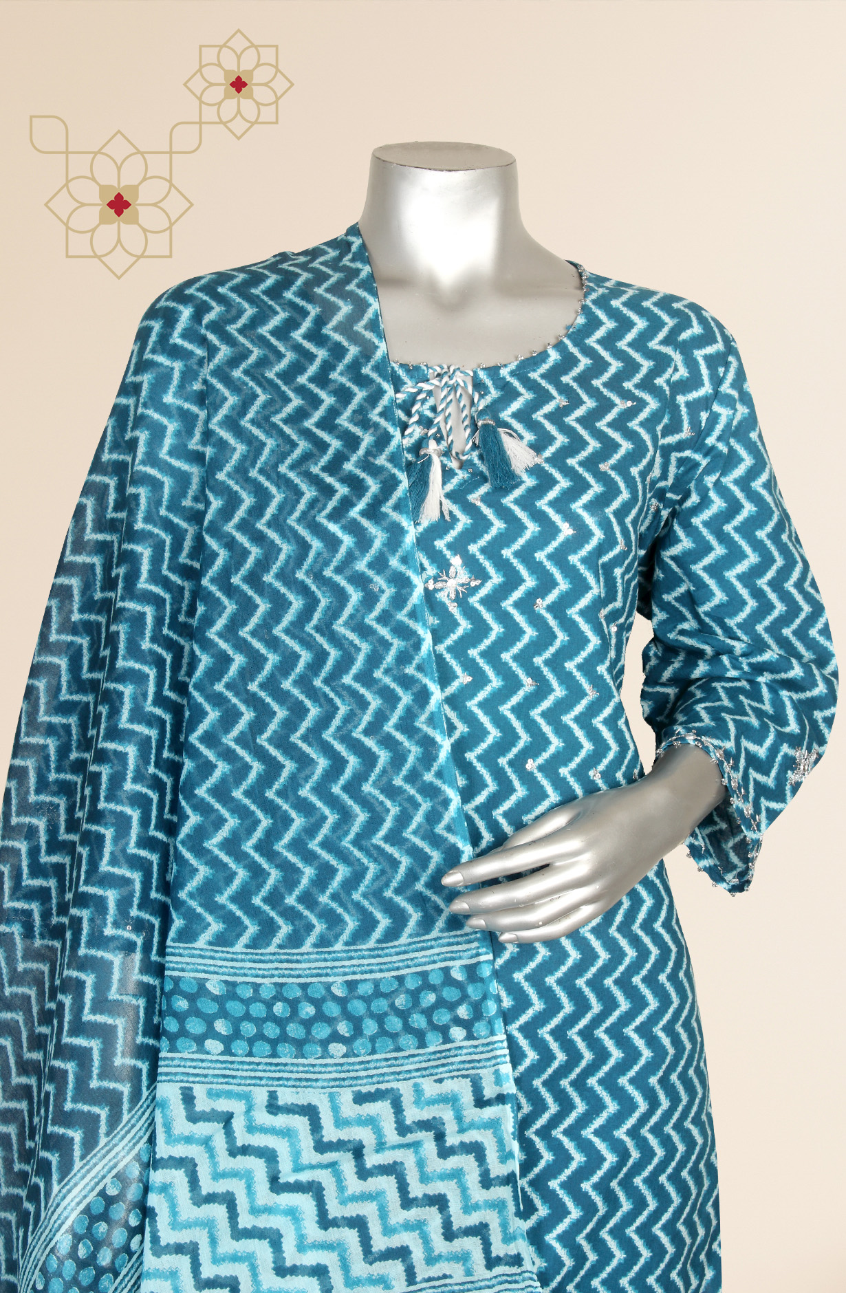 Ready-to-Wear Teal Cotton Kurti Pant Set with Dupatta - SRMR79060A