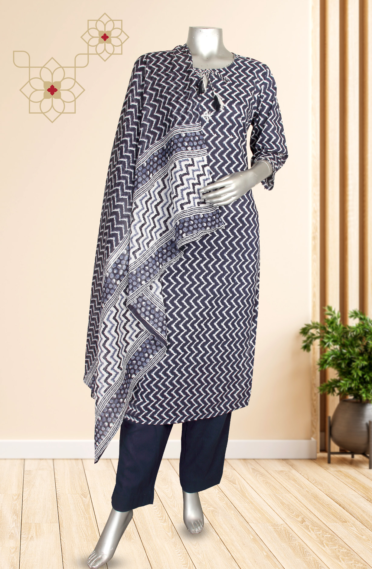 Ready-to-Wear Blue Cotton Kurti Pant Set with Dupatta - SRMR79060F