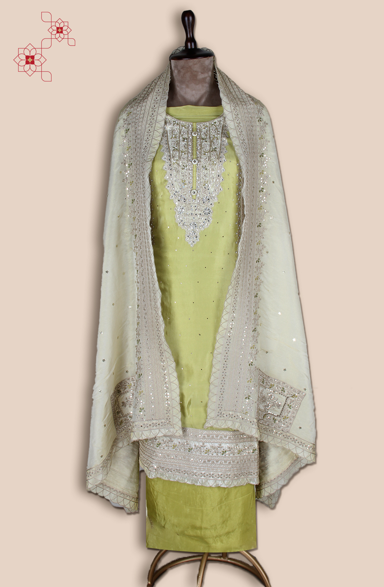 Lime Green Designer Tissue Silk Unstitched Salwar Kameez - SRTSA259