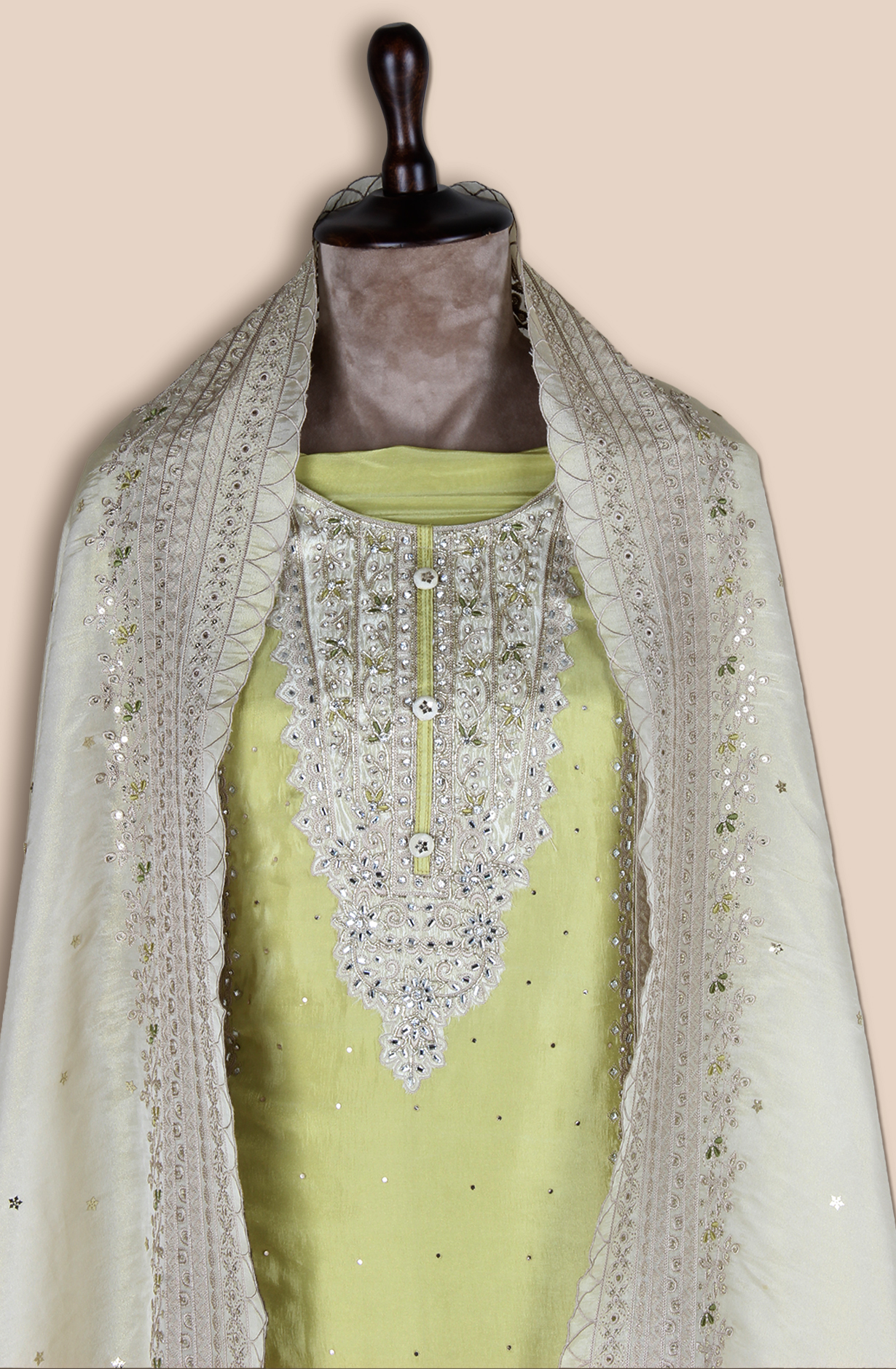 Lime Green Designer Tissue Silk Unstitched Salwar Kameez - SRTSA259