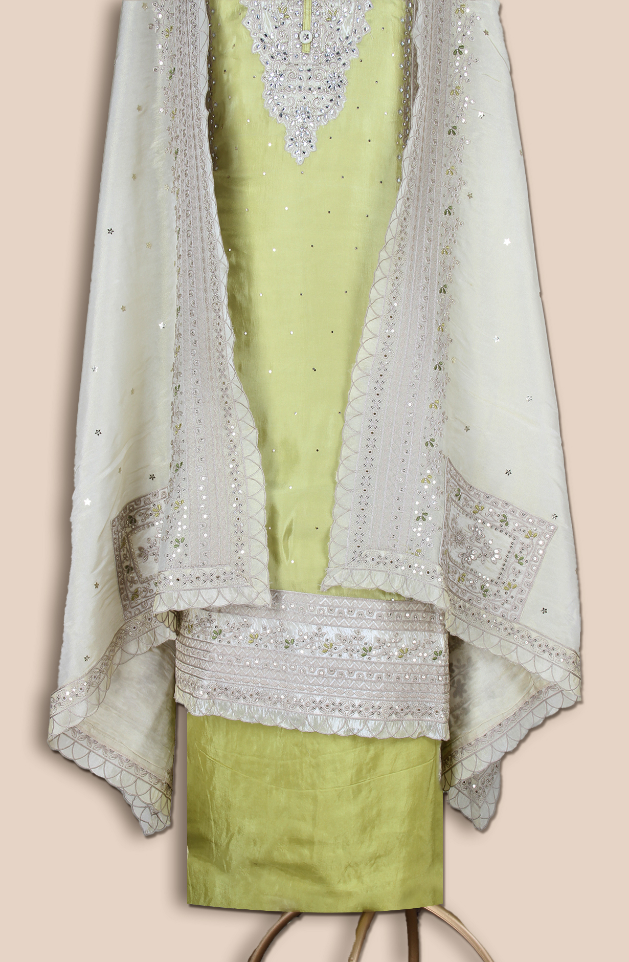 Lime Green Designer Tissue Silk Unstitched Salwar Kameez - SRTSA259