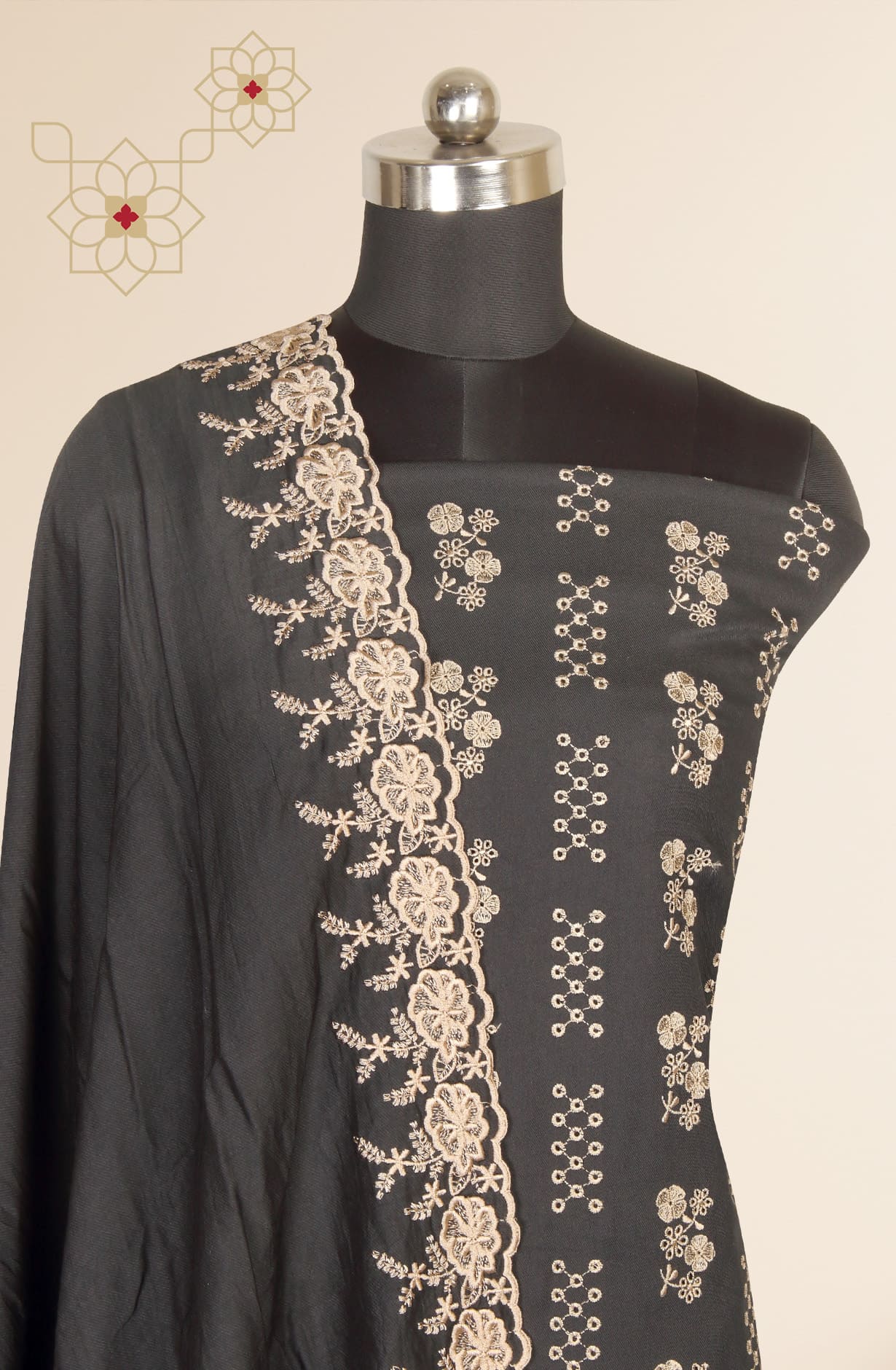 Black Exclusive Pure Pashmina with Schiffli Embroidery Unstitched Suit-sets - STHNS12530A