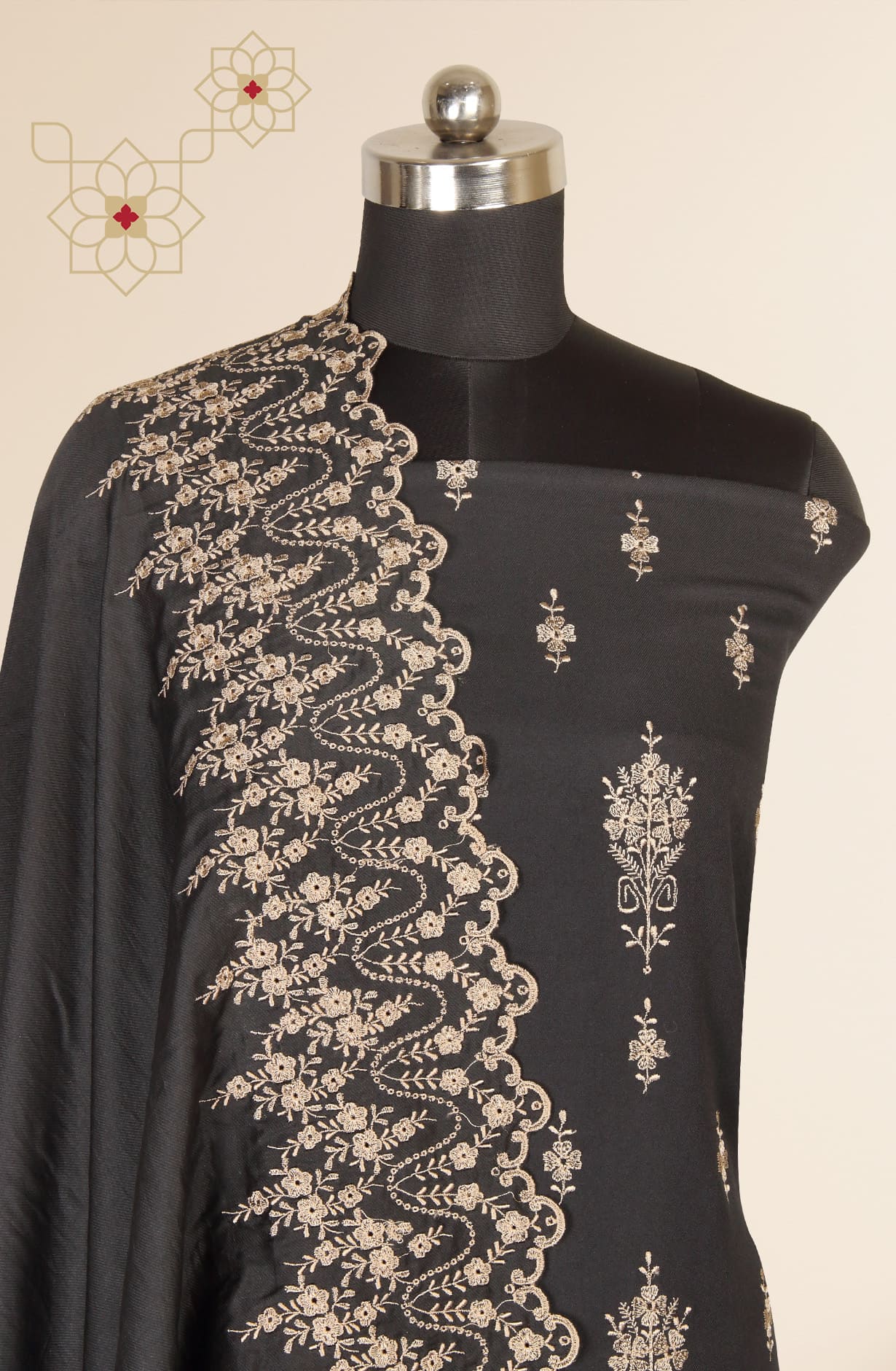 Black Exclusive Pure Pashmina with Schiffli Embroidery Unstitched Suit-sets - STHNS12530B