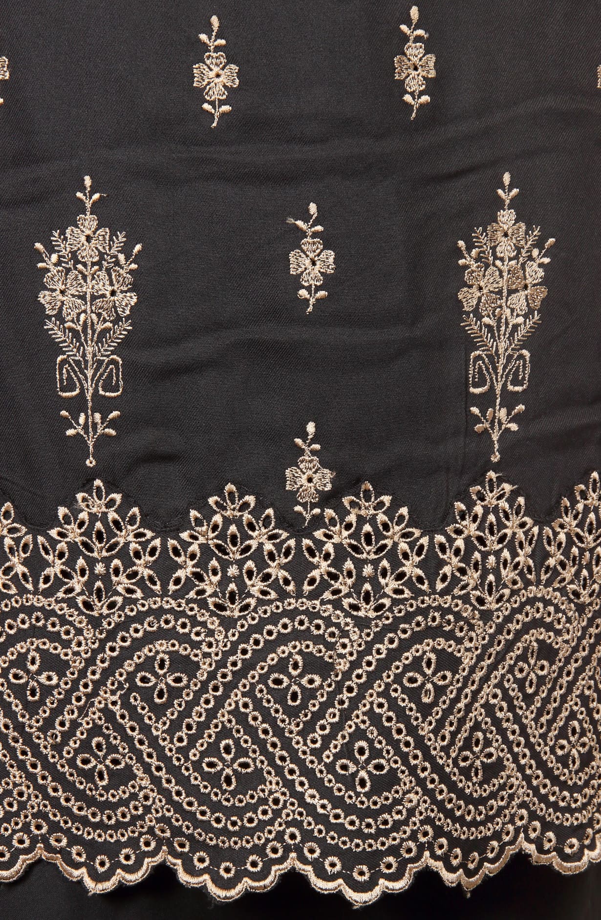 Black Exclusive Pure Pashmina with Schiffli Embroidery Unstitched Suit-sets - STHNS12530B