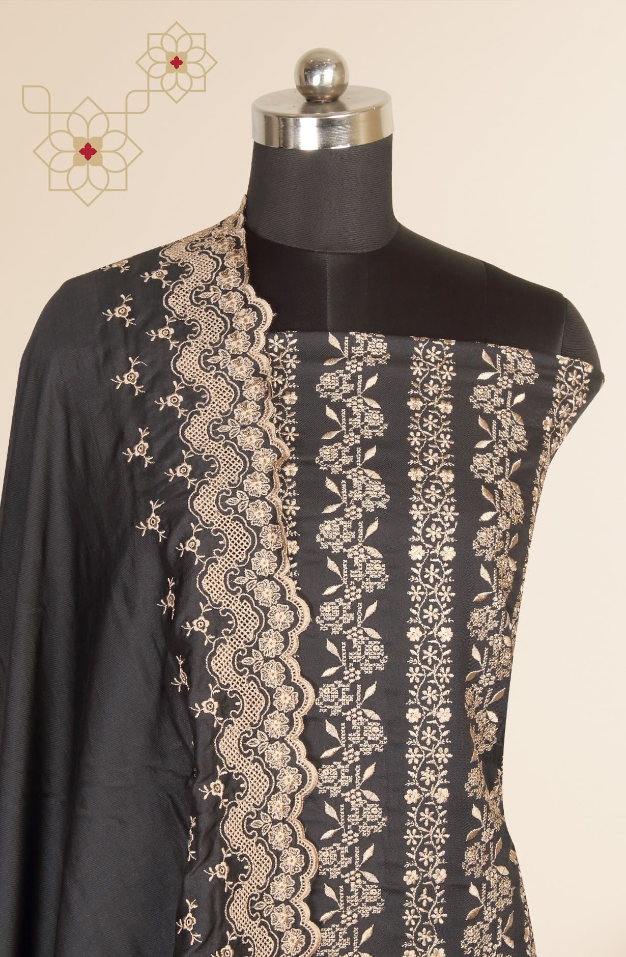 Black Exclusive Pure Pashmina with Schiffli Embroidery Unstitched Suit-sets - STHNS12530C