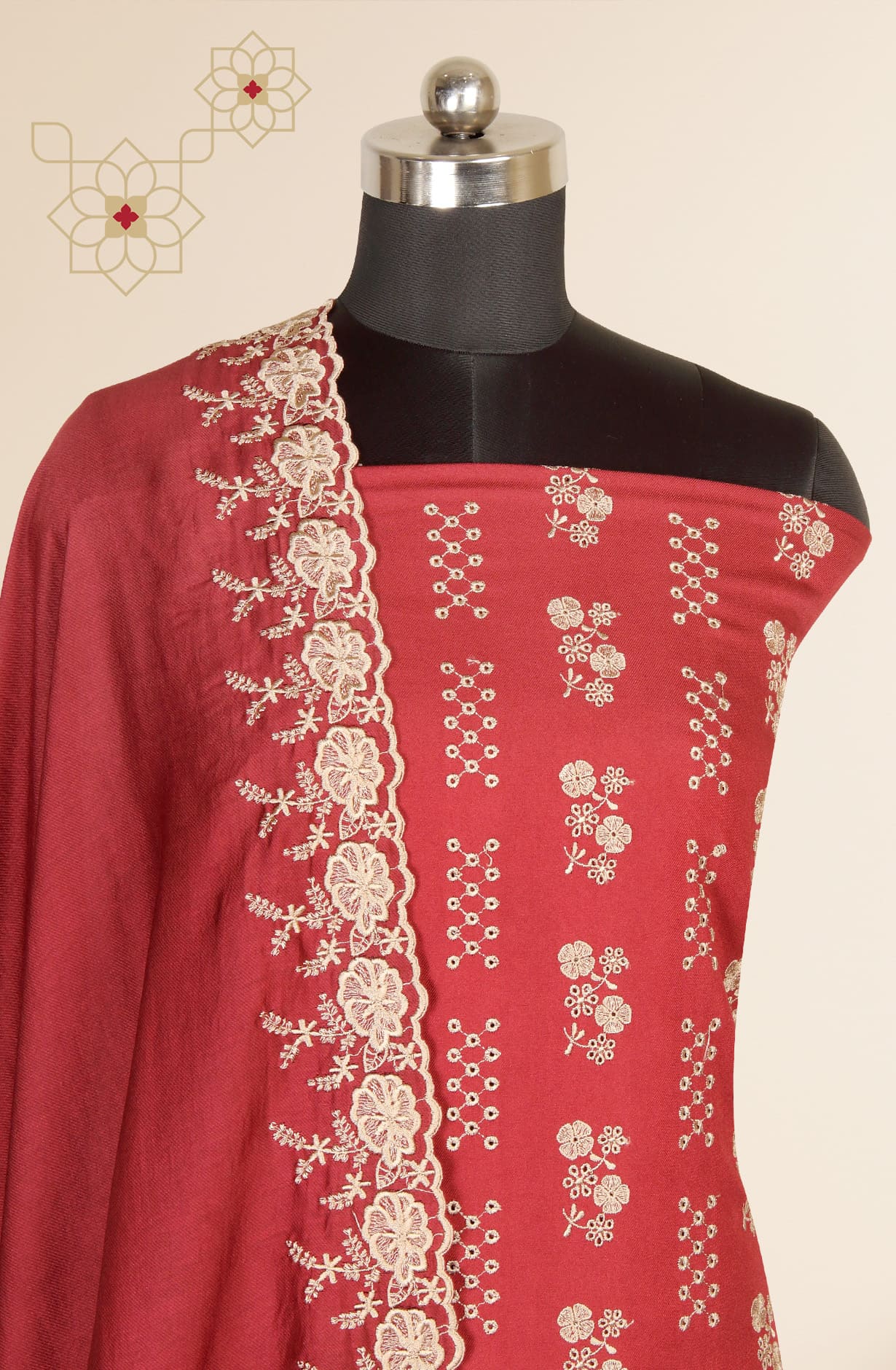 Maroon Exclusive Pure Pashmina with Schiffli Embroidery Unstitched Suit-sets - STHNS12740C