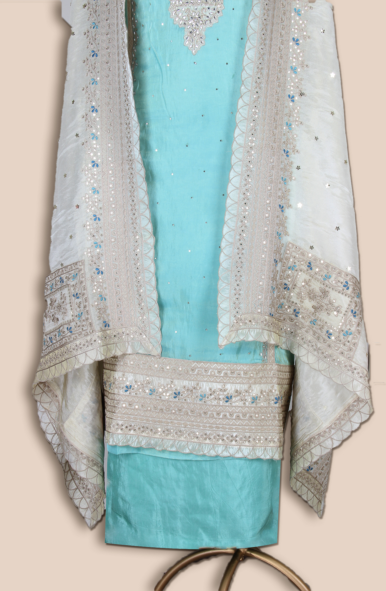 Sea Green Designer Tissue Silk Unstitched Salwar Kameez - SRTSA259A