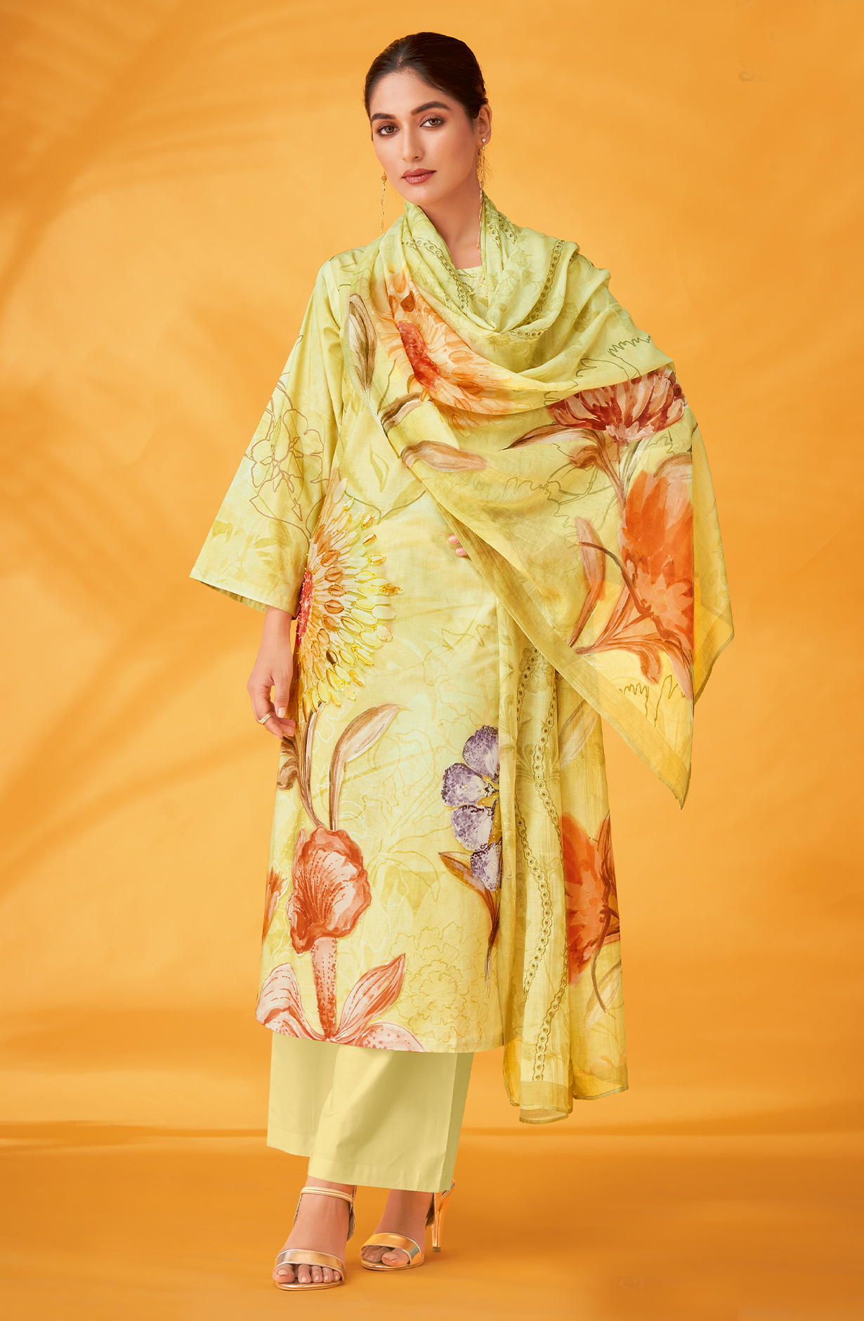 Lime Green Cotton Digital Printed Unstitched Salwar Kameez - SUM401