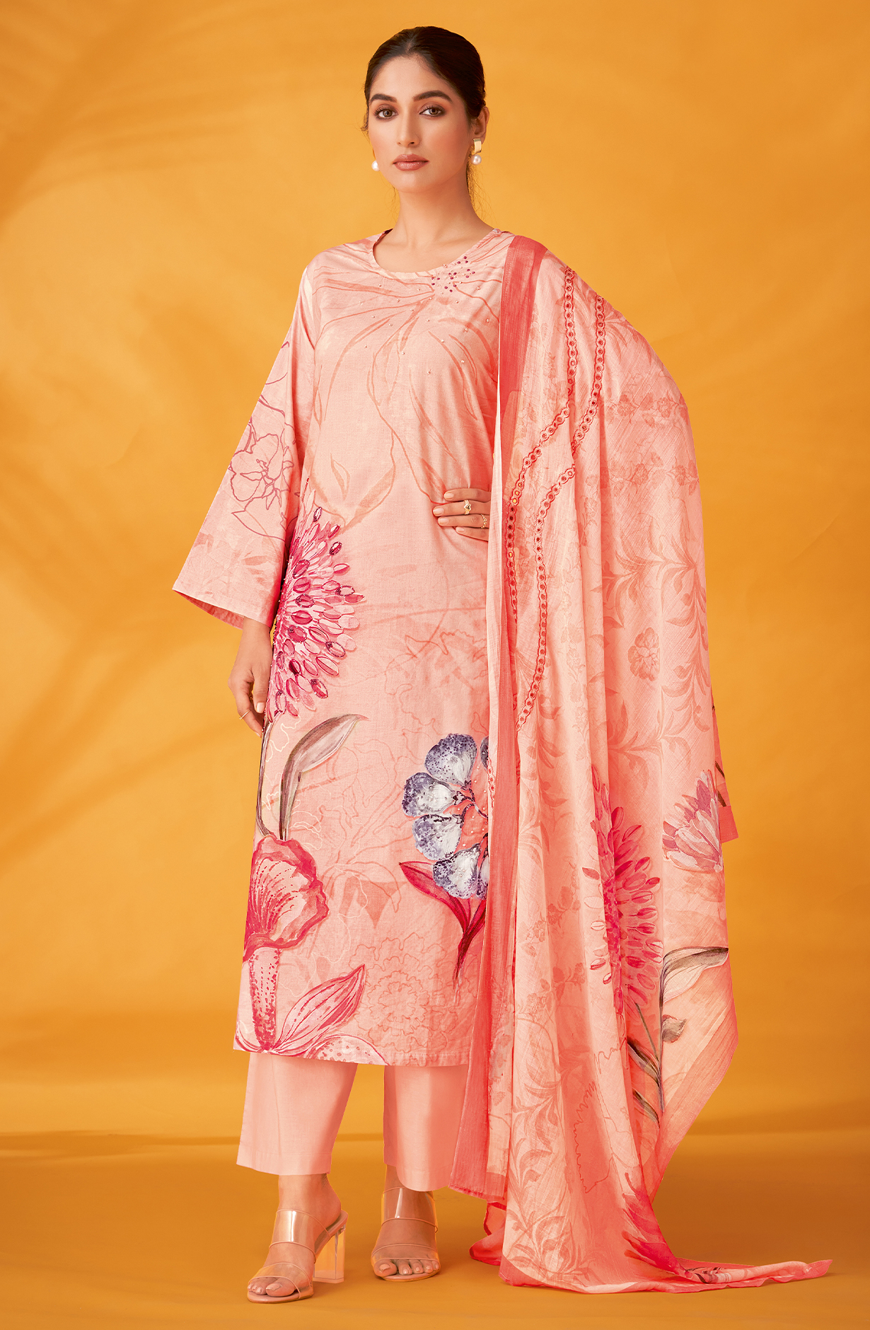Peach Cotton Digital Printed Unstitched Salwar Kameez - SUM444
