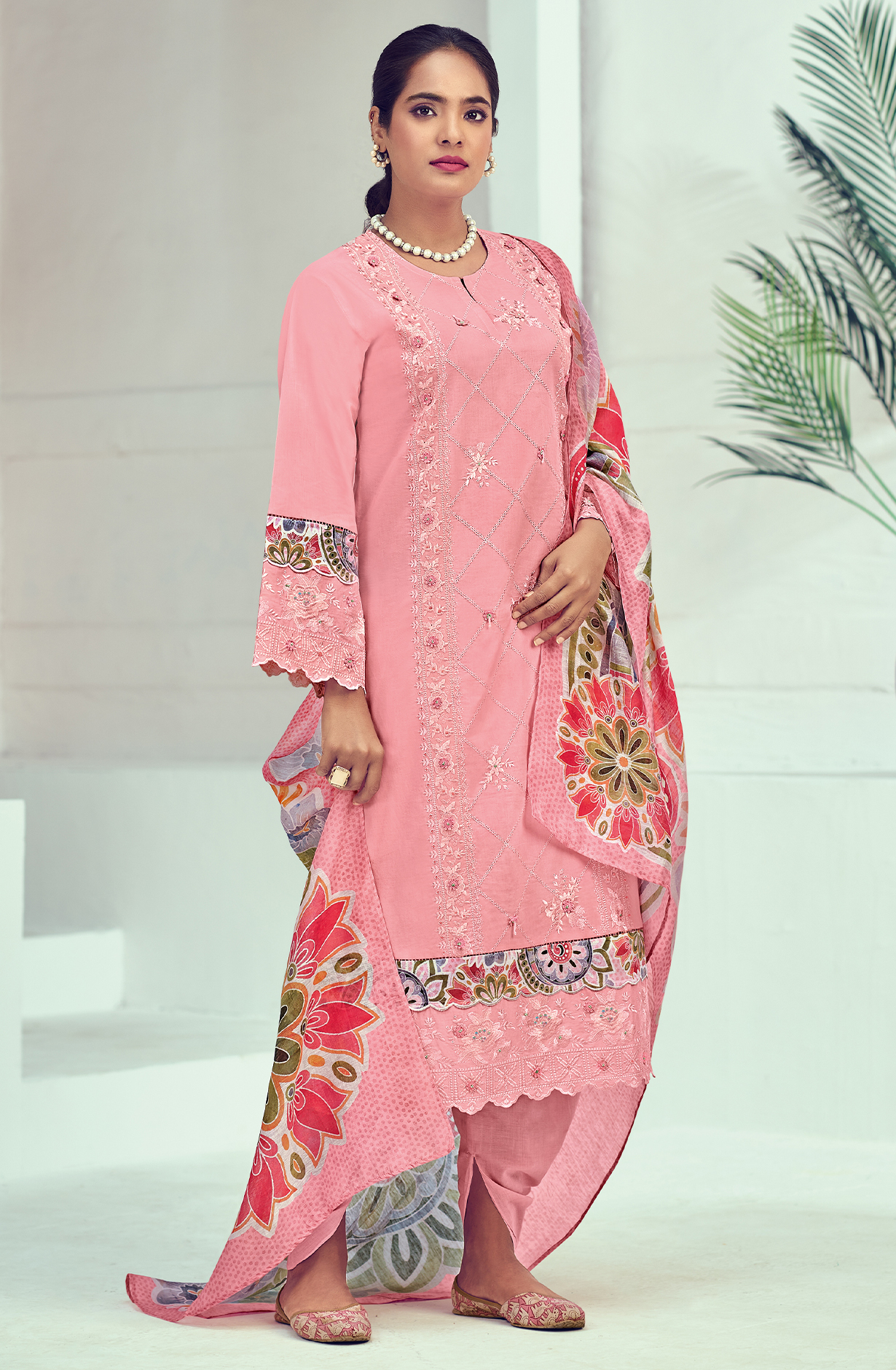 Pink Cotton Embroidered Unstitched Salwar Kameez - SUM8321