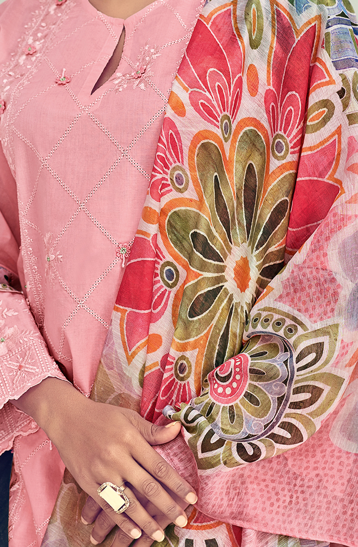 Pink Cotton Embroidered Unstitched Salwar Kameez - SUM8321