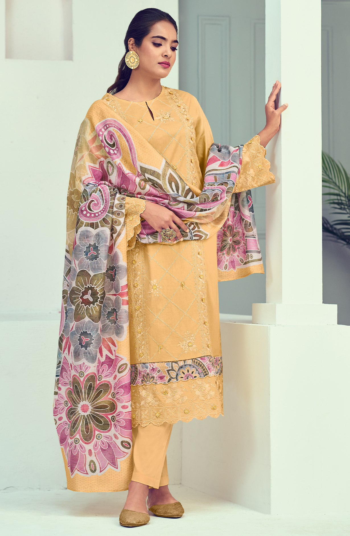 Yellow Cotton Embroidered Unstitched Salwar Kameez - SUM8350