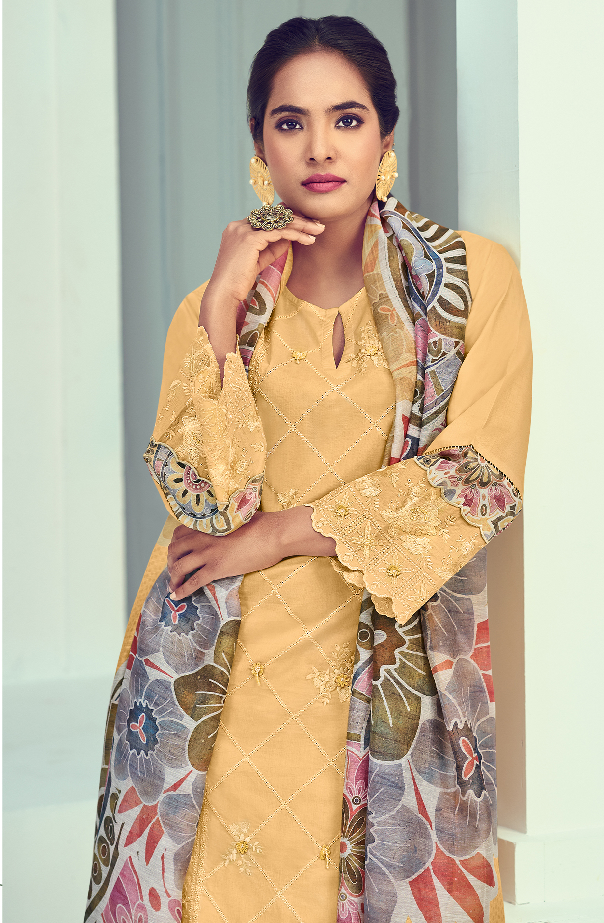 Yellow Cotton Embroidered Unstitched Salwar Kameez - SUM8350