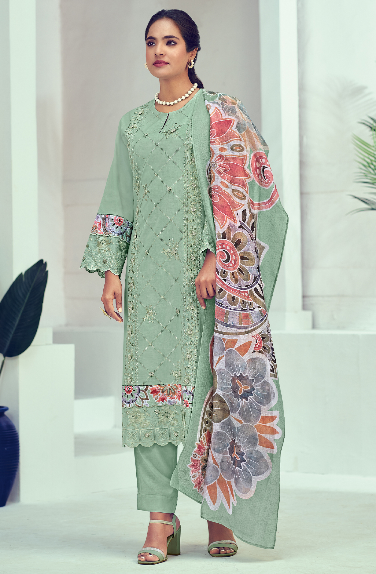Sea Green Cotton Embroidered Unstitched Salwar Kameez - SUM8391