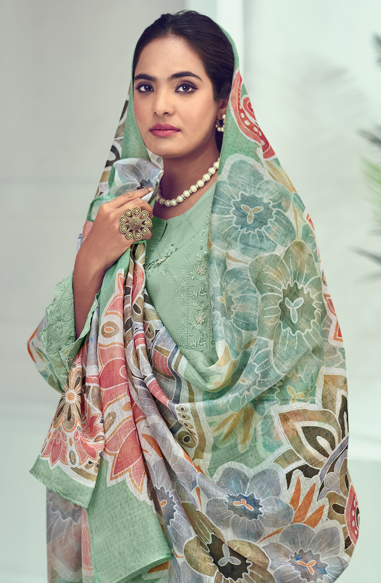 Sea Green Cotton Embroidered Unstitched Salwar Kameez - SUM8391