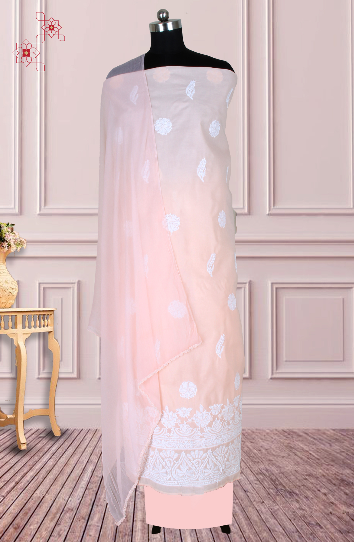 Orange Cotton Beautiful Chikankari Embroidered Suit with Chiffon Dupatta - SUMCOT1284B