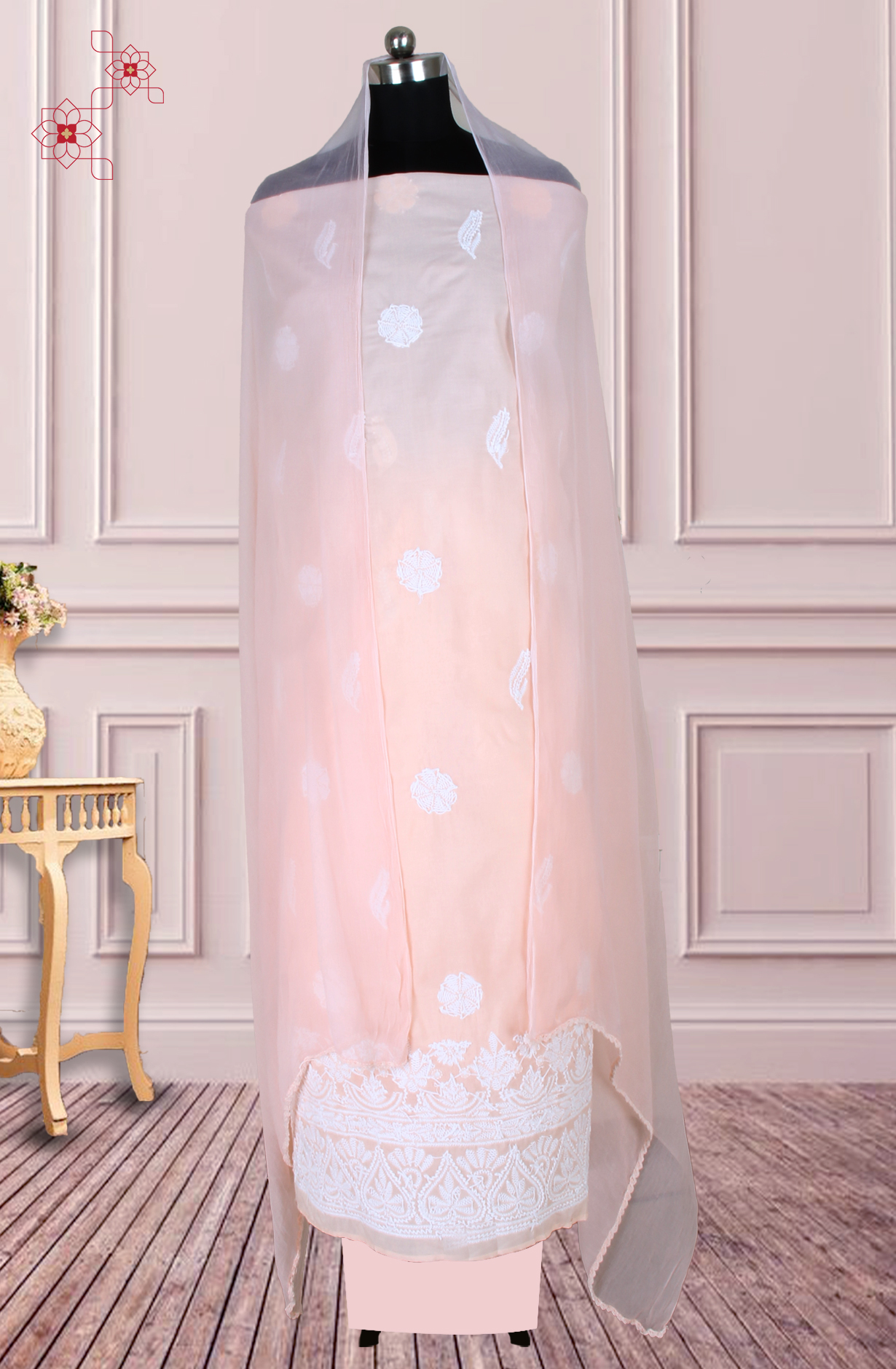 Orange Cotton Beautiful Chikankari Embroidered Suit with Chiffon Dupatta - SUMCOT1284B