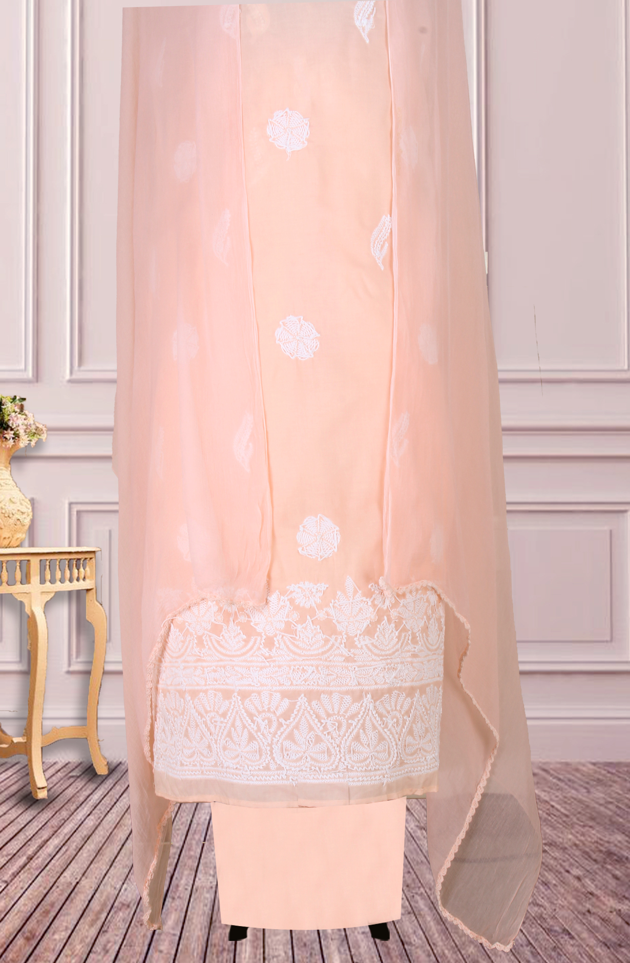 Orange Cotton Beautiful Chikankari Embroidered Suit with Chiffon Dupatta - SUMCOT1284B