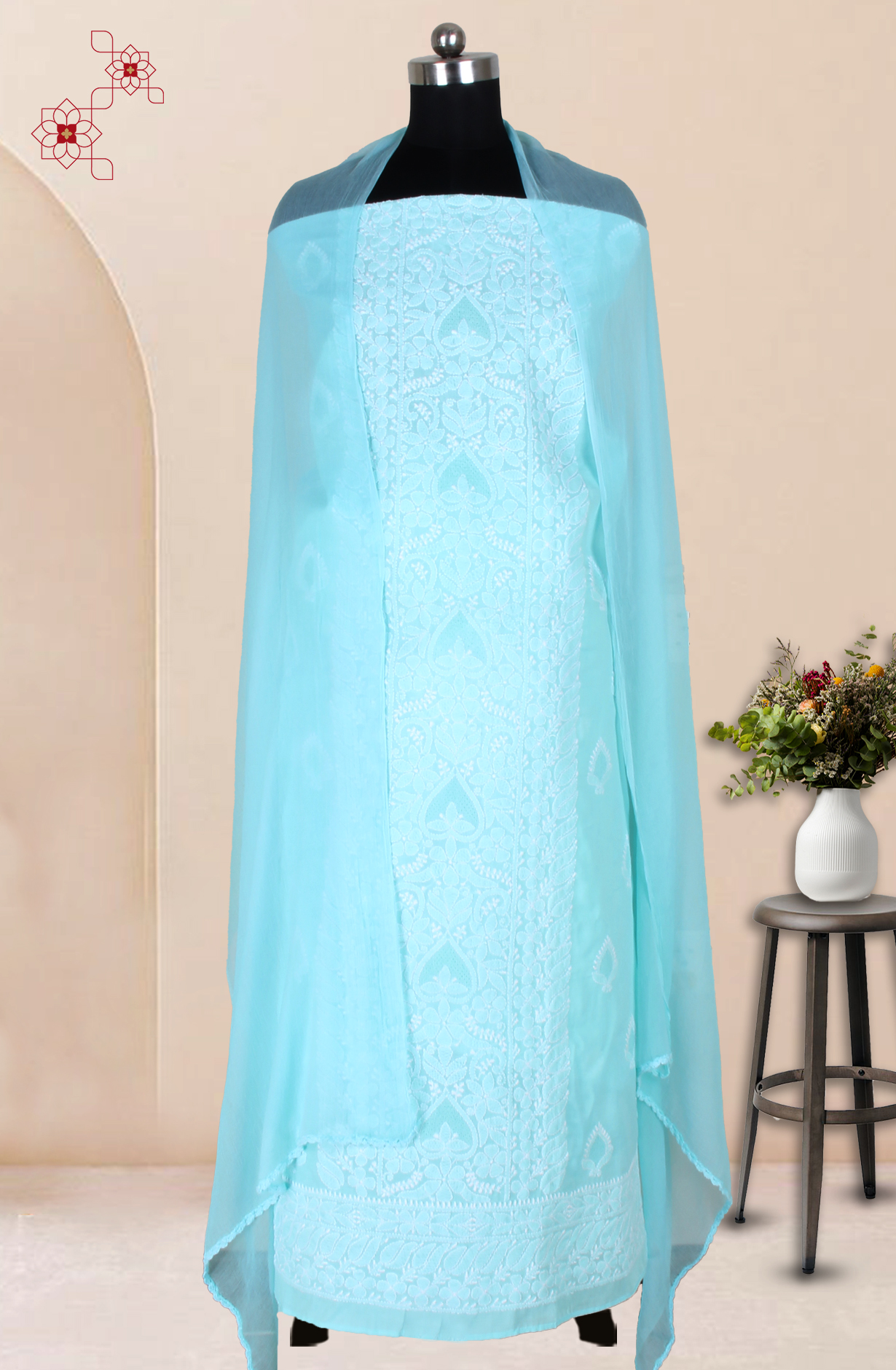 Sea Green Cotton Beautiful Chikankari Embroidered Suit with Chiffon Dupatta - SUMCOT1291C
